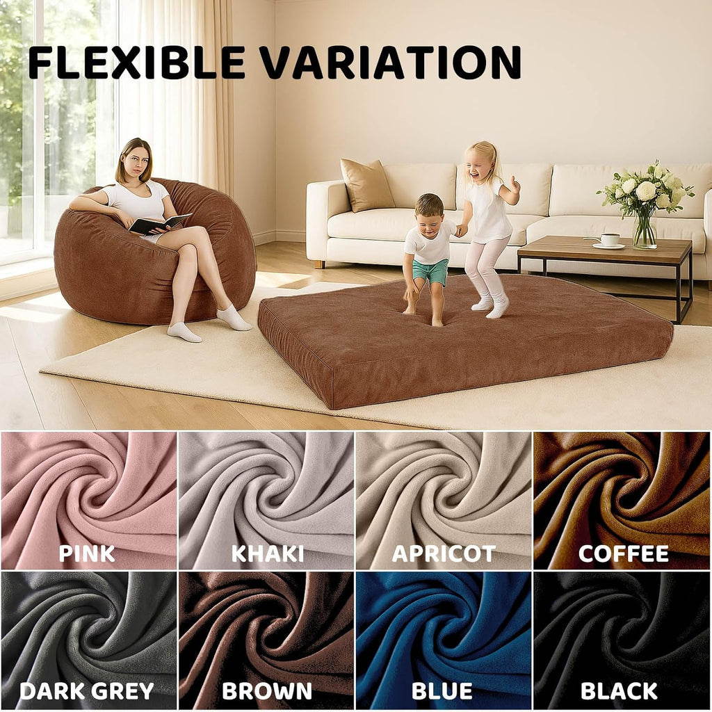 Adult Bean Bag Chair Bed, Bean Bag Sofa with Filling, Memory Foam, Comfortable Floor Sofa Bed, Boneless Floor Chair, Suitable for Living Room Bedroom Dormitory Balcony Lounge (Brown, Chair Bed)