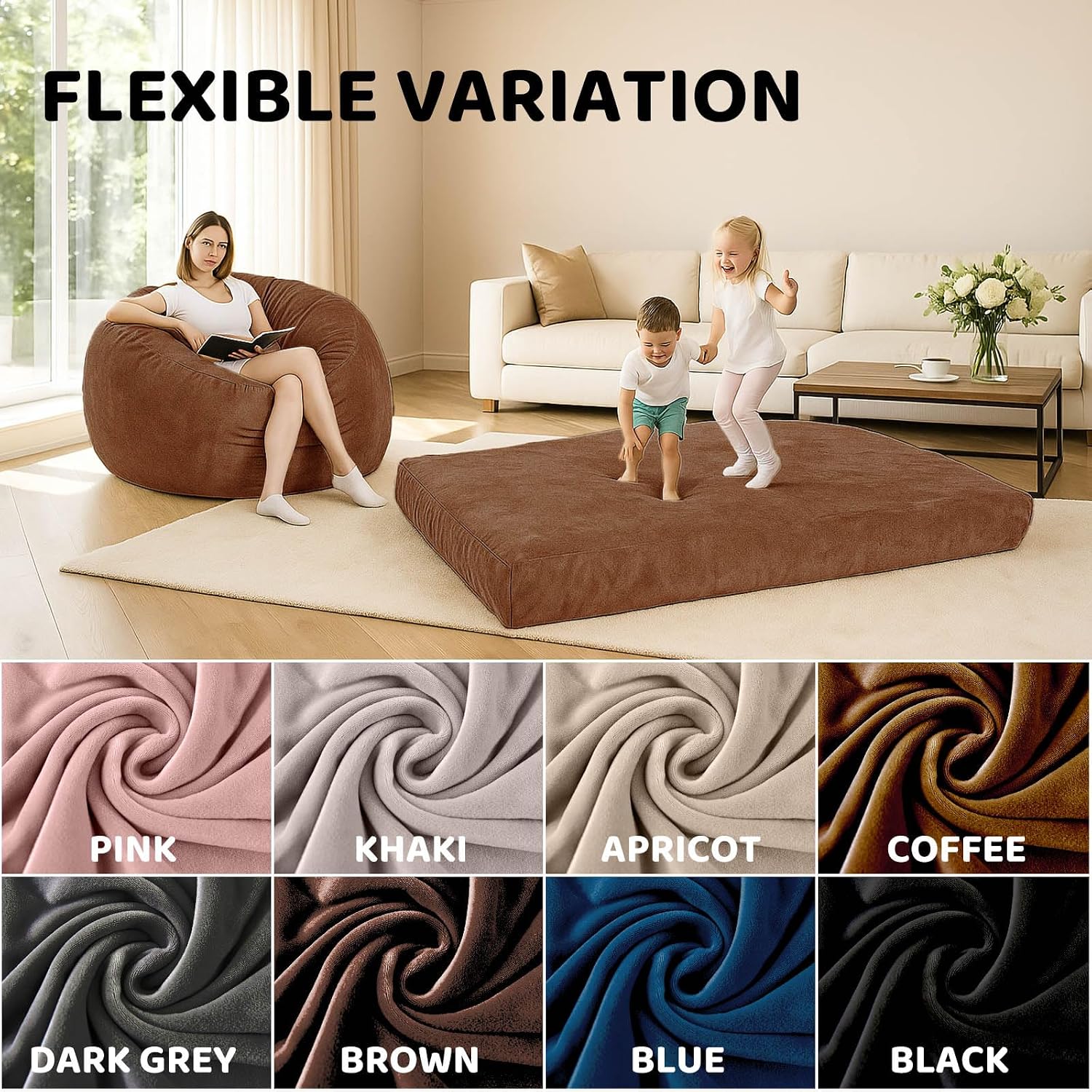 Adult Bean Bag Chair Bed, Bean Bag Sofa with Filling, Memory Foam, Comfortable Floor Sofa Bed, Boneless Floor Chair, Suitable for Living Room Bedroom Dormitory Balcony Lounge (Brown, Chair Bed)