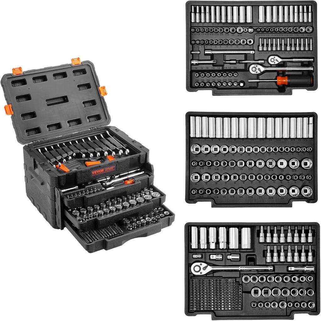 VEVOR Mechanics Tool Set and Socket Set, 1/4' 3/8' 1/2' Drive Deep and Standard Sockets, 450 Pcs SAE and Metric Mechanic Tool Kit with Bits, Hex Wrenches, Combination Wrench, Accessories, Storage Case