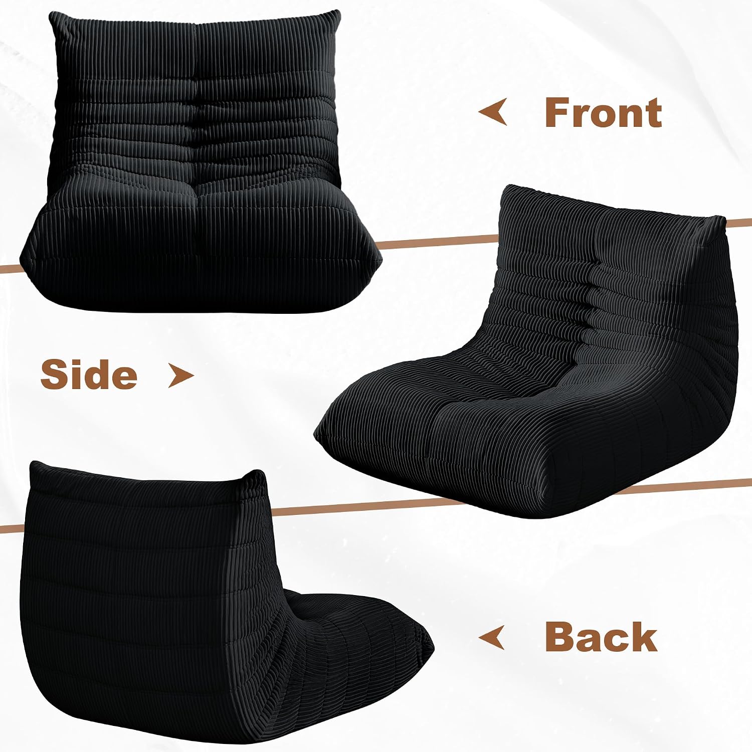 Bean Bag Chair for Adults, Giant Bean Bag Chairs with Lumbar Pillow, Oversized Corduroy Memory Foam Boneless Chair with High-Rebound, Lazy Floor Sofa for Reading Gaming Living Room Bedroom, Black
