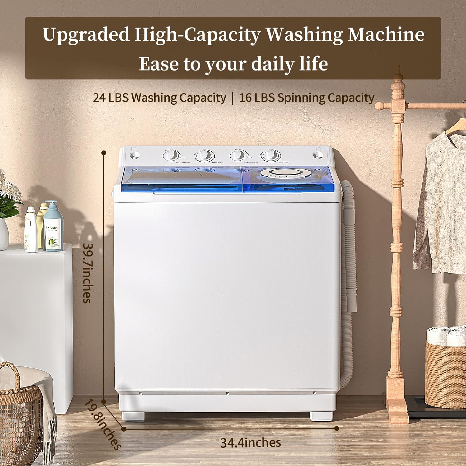 VCJ Portable Washing Machine, Twin Tub Washing Machine Laundry Compact Washer spinner Combo with 40lbs capacity, 24Lbs Washer and 16Lbs Spinner dryer for Apartments RVs and Dorms
