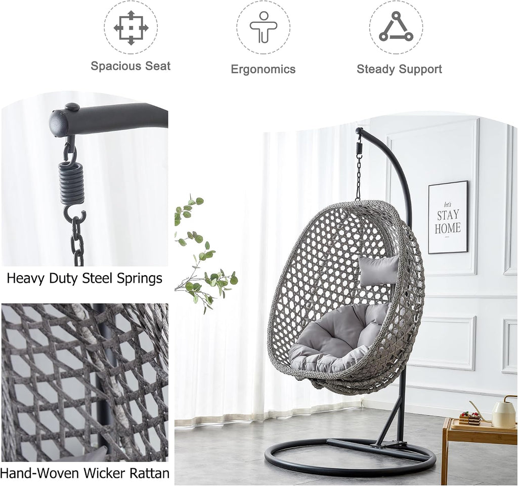 Swining Egg Chair with Stand,Wicker Rattan Hanging Egg Chairs, Patio Swing with UV Resistant Cushion, Outdoor Indoor Hanging with Foldable Basket Metal Stand for Bedroom (Grey-S)