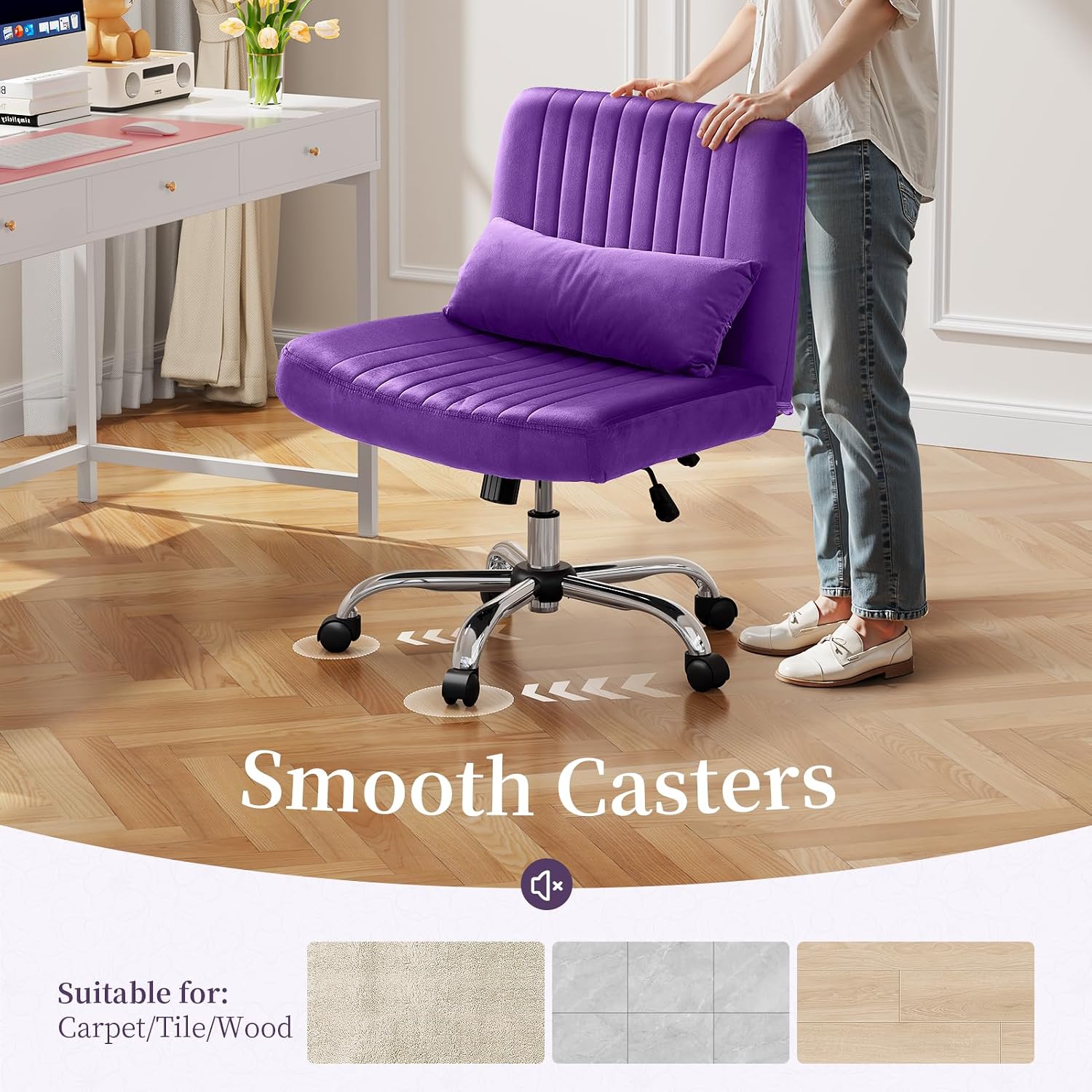 Criss Cross Chair with Wheels, Velvet Cross Legged Office Chair, Comfy Desk Chair for Home Office, Ergonomic Computer Chair, Wide Seat Vanity Chair, Birthday Gift for Women, Velvet Plum Purple