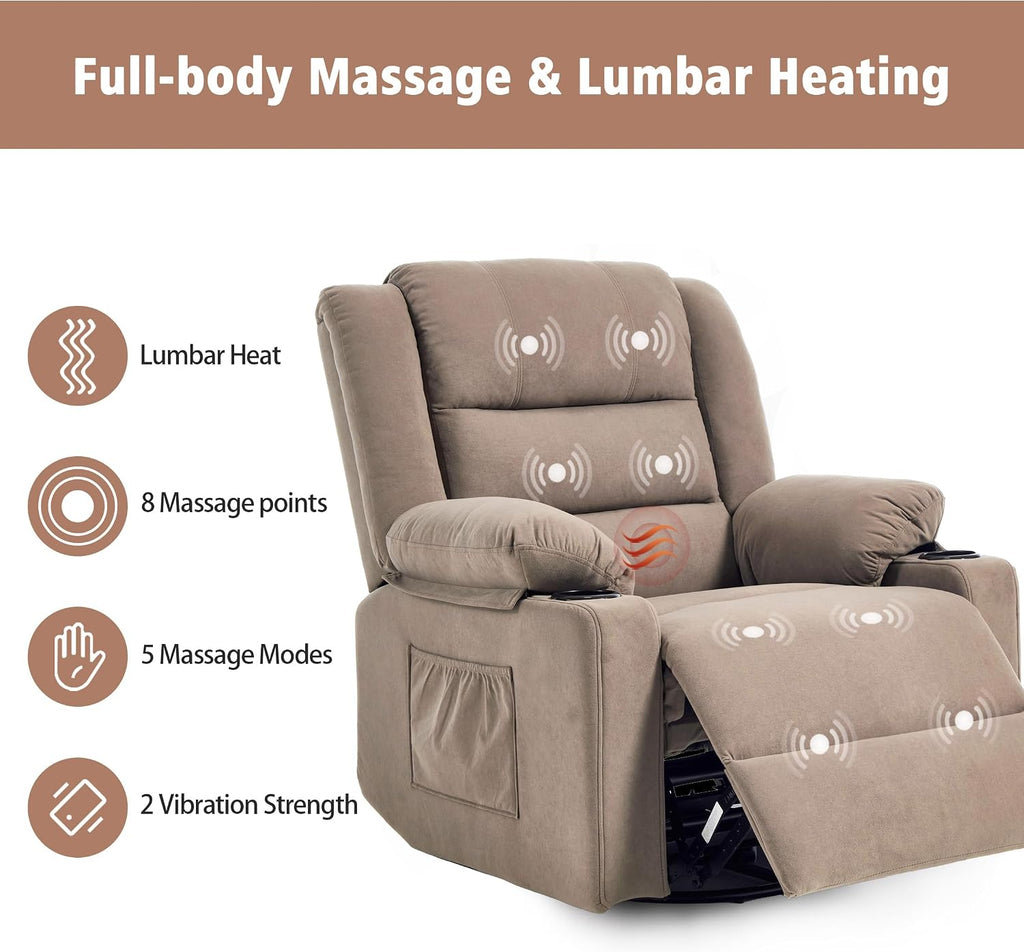 Ketaiyou Rocker Swivel Recliner Chair for Adults, Overstuffed Large Manual Recliner Glider with Massage and Heat, Comfy Soft Fabric Living Room Reclining Sofa Chair (Mocha)
