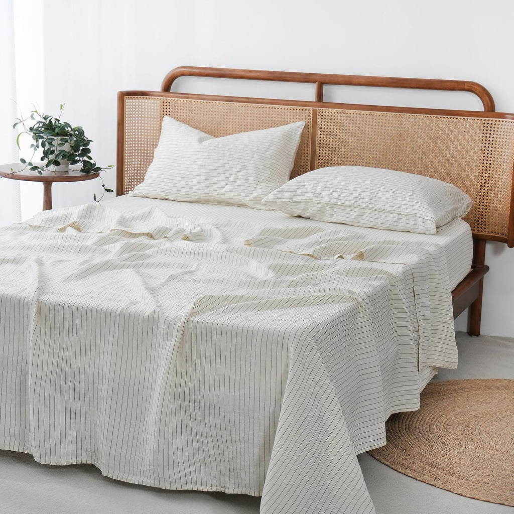 S VICTORY SYMBOL 100% Organic Linen Sheets Set Grey Pinstripe,Yarn Dyed French Natural Stone Washed Flax Bedding Set,3pcs Bed Sheets Twin XL Size,Ultra Soft&Breathable
