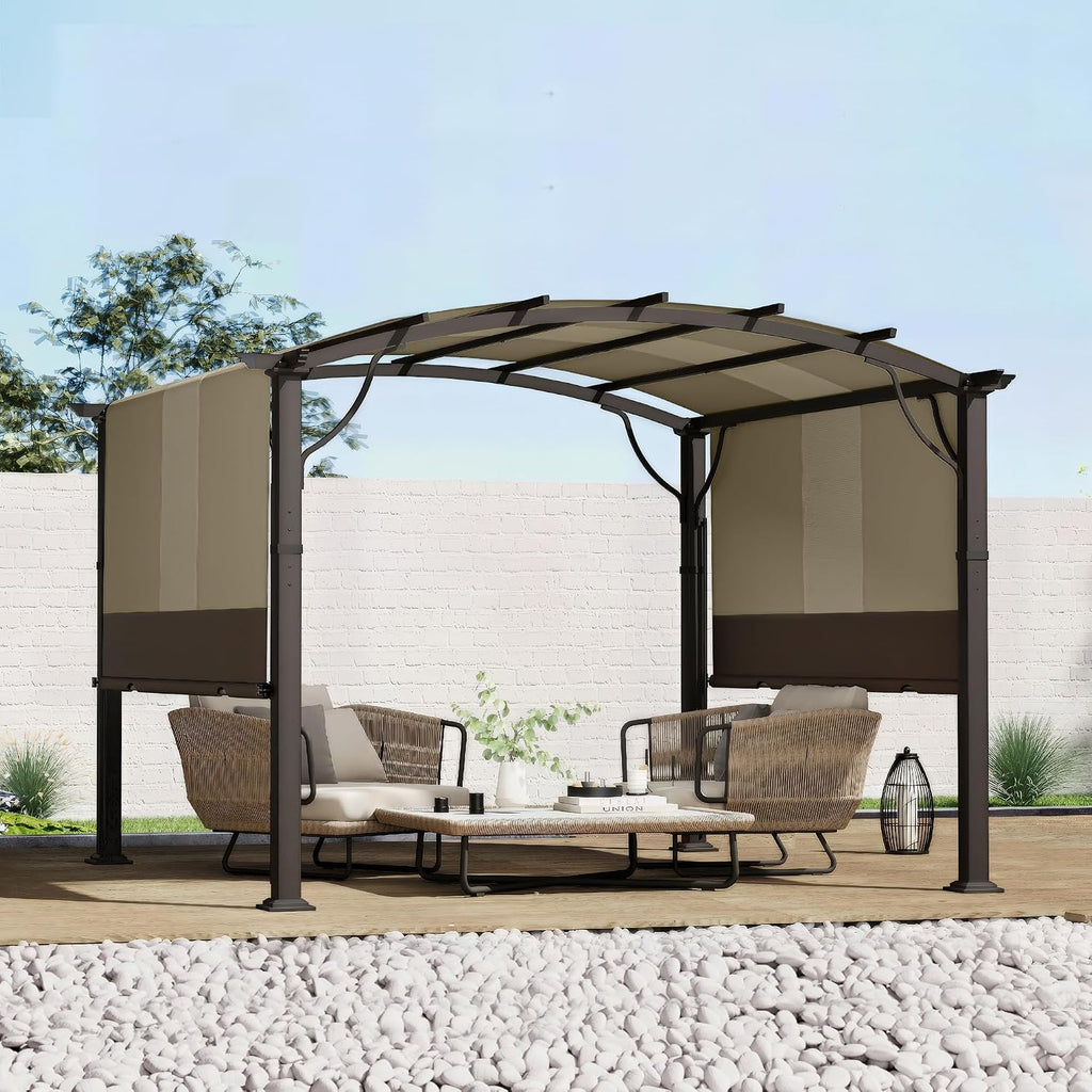 HAPPATIO 10' x10' Outdoor Retractable Pergola, Aluminum Pergola with Canopy Fixed in Various Positions, Arched Roof with Sun Shade Canopy, Metal Frame for Backyards, Gardens, Patios (Brown)
