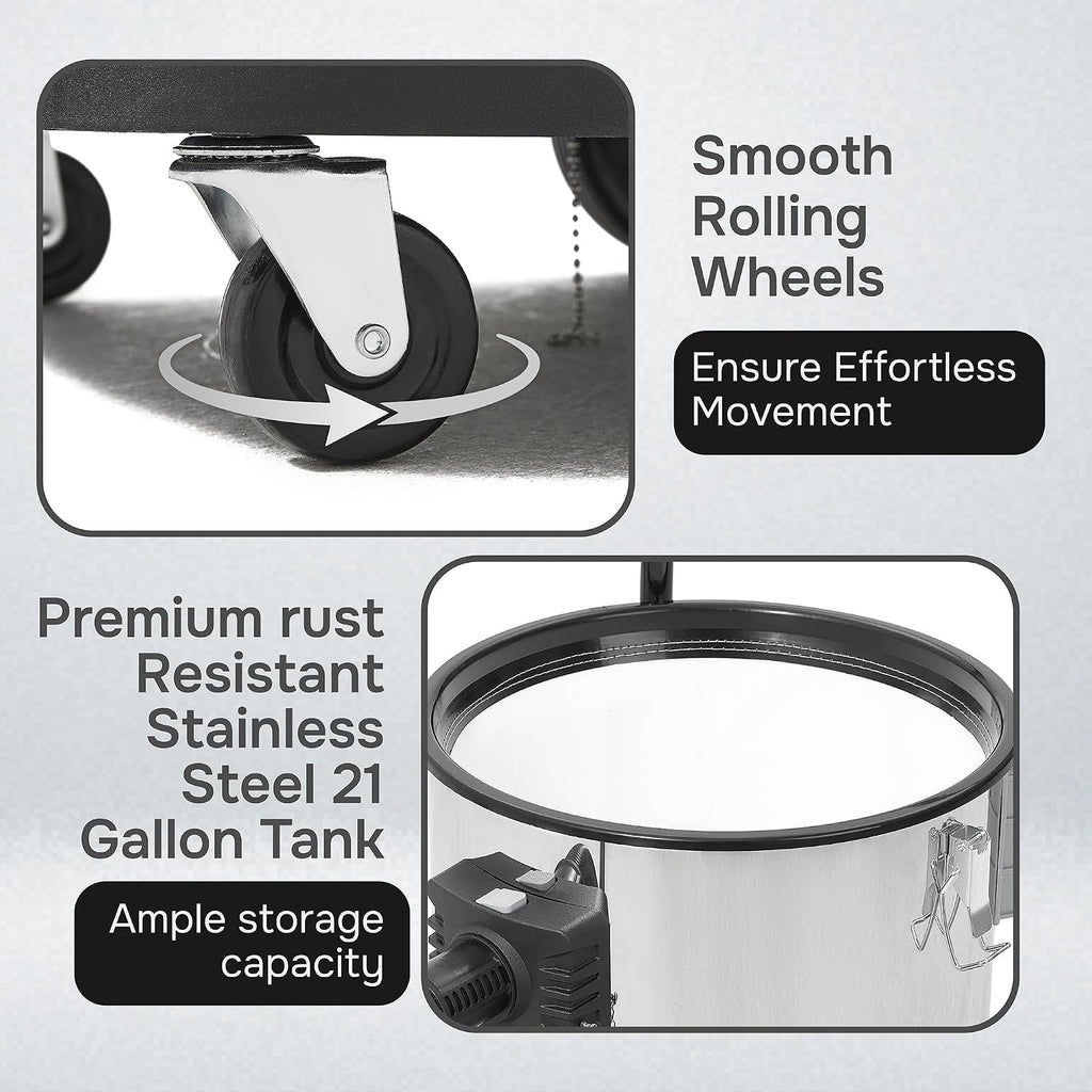 Dapper Supply 21 Gallon 8.5 Peak HP Wet/Dry Vacuum, Stainless Steel Tank, 2 in 1 Function Portable Shop Vacuum with Attachments, Built-in Drain Ideal for Jobsite, Garage & Workshop.
