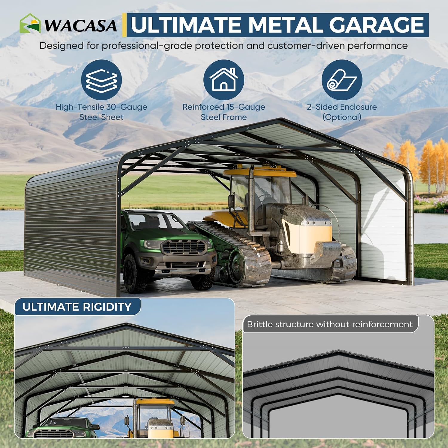 20x20 FT Heavy Duty Metal Carport with 2-Sided Enclosure, 2-Car Garage with Galvanized Steel Roof and Reinforcement, 120lbs/Sq.Ft Snow/Wind Resistant, Ground Anchors, Fits Pickups, Trucks, RVs,Boats