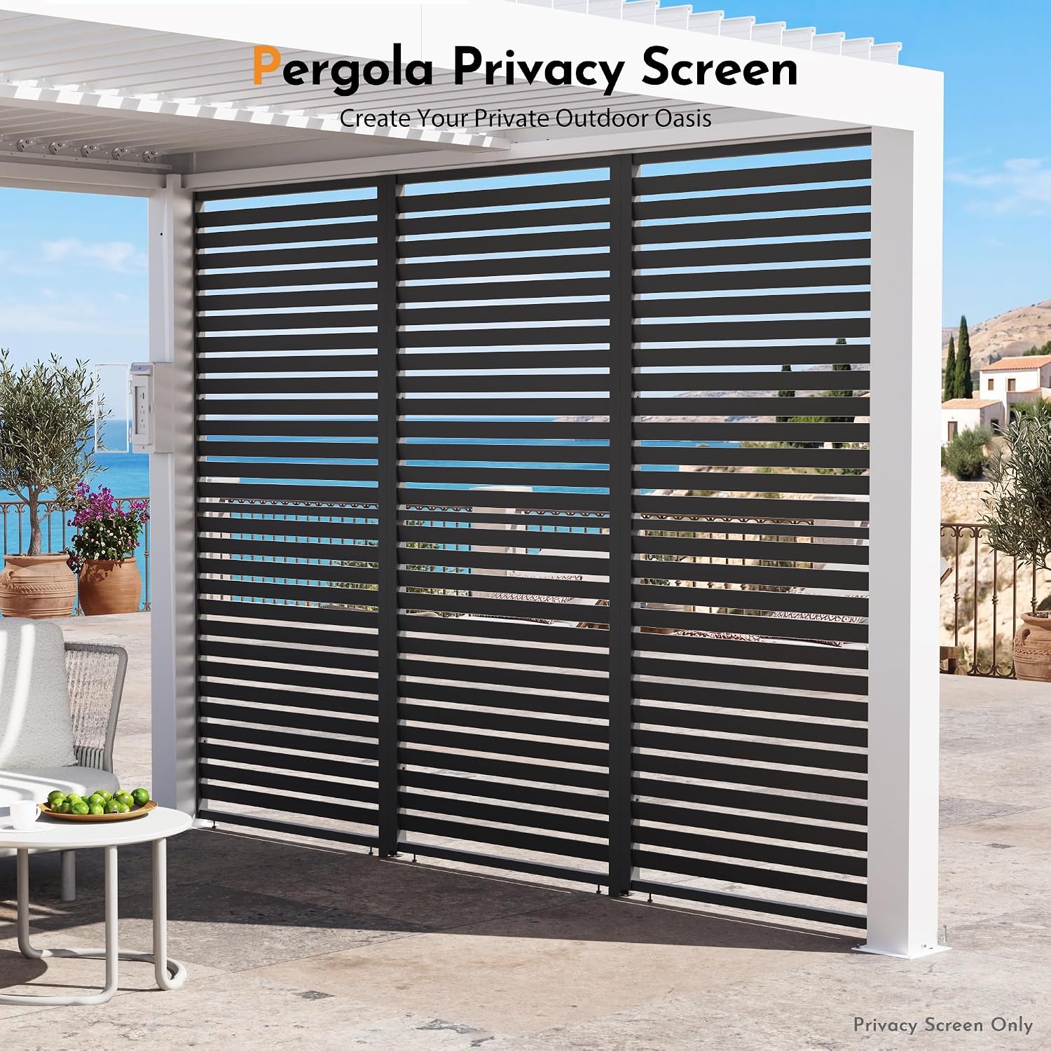 Modern Shade Pergola Accessories Privacy Screen 10 ft for Louvered Pergola, Galvanized Steel Shade Screen Privacy Shade Panels, Easy Installation Modular Pergola Screens for Patio, Backyard, Black