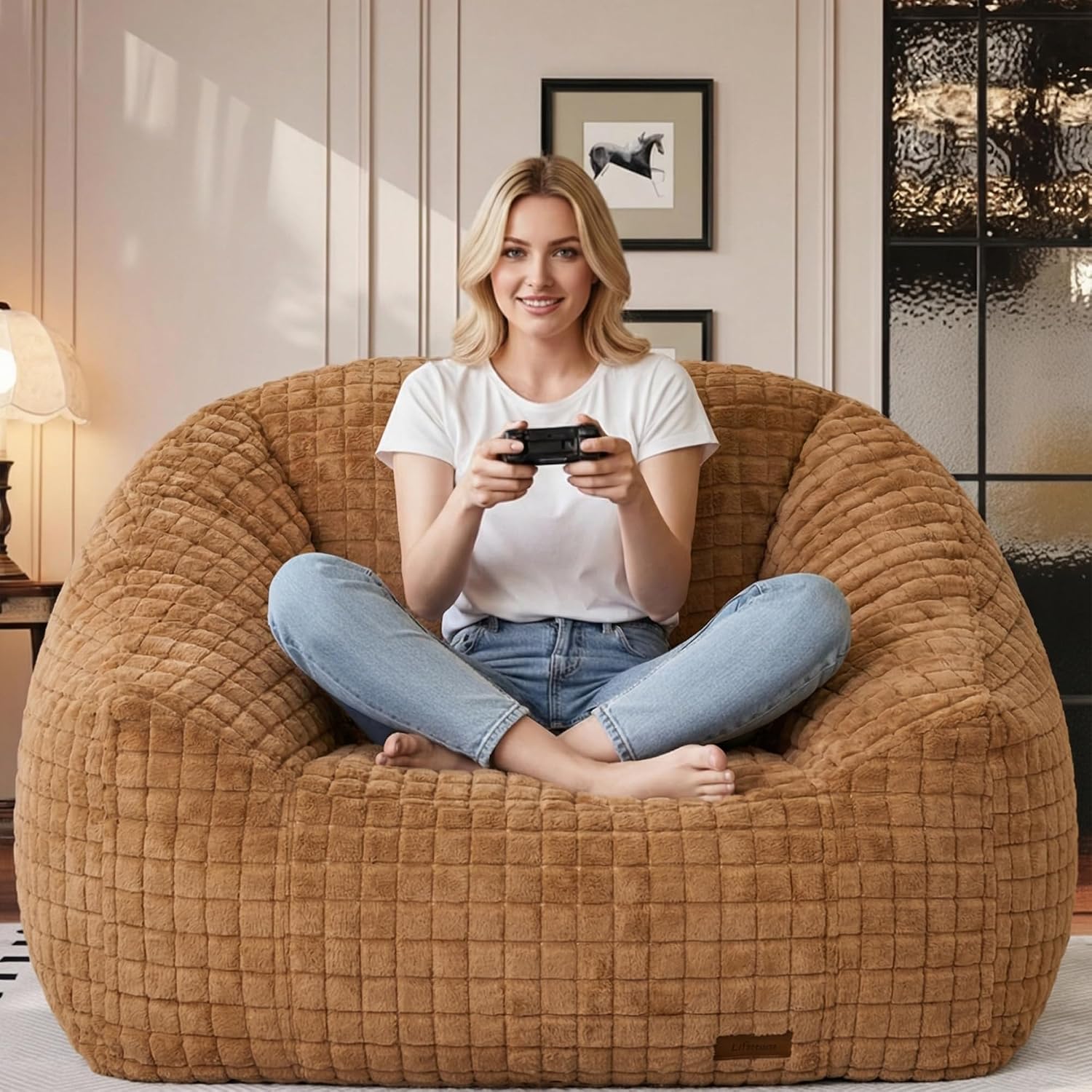 Bean Bag Chairs for Adults, Giant Beanbag Sofa Comfy Reading Chair, Oversized Bean Bag Chairs for Living Room Bedroom, Soft Faux Fur Fabric, 3.2FT, Khaki, Checkered