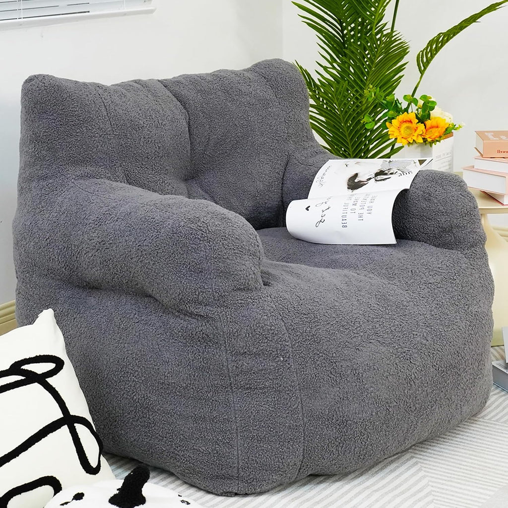 DKLGG Bean Bag Chairs for Adults, Giant Bean Bag Chair with Filler Included Faux Fur Bean Bag Sofa Memory Foam Large Bean Bag Chair with Armrest for Living Room, Bedroom, Gaming Room, Lounge, Grey