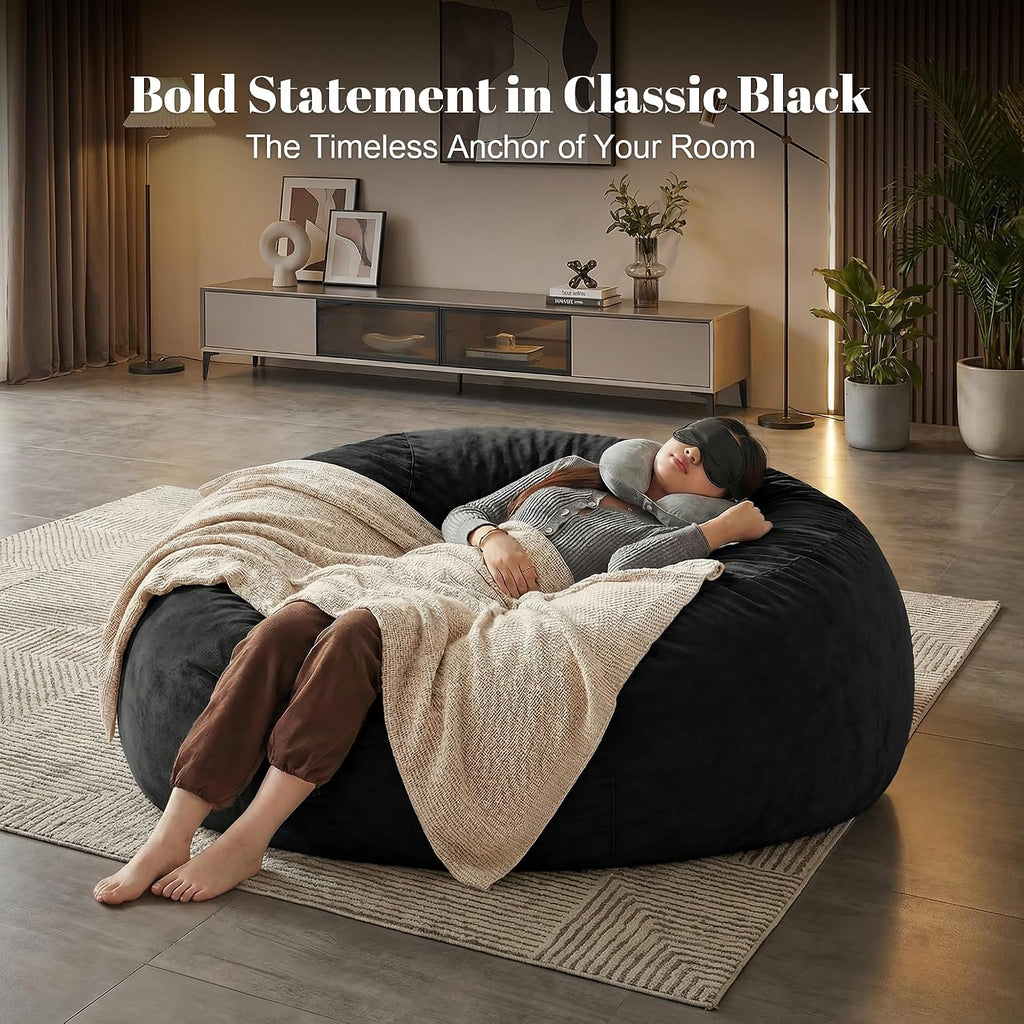 Codi Oversized Bean Bag Chair with Filler Included, 5 FT - Comfy Huge Beanbag Chairs for Adults, Memory Foam Added - Machine Washable and Soft Mink Bonded Cover - Black, 5ft