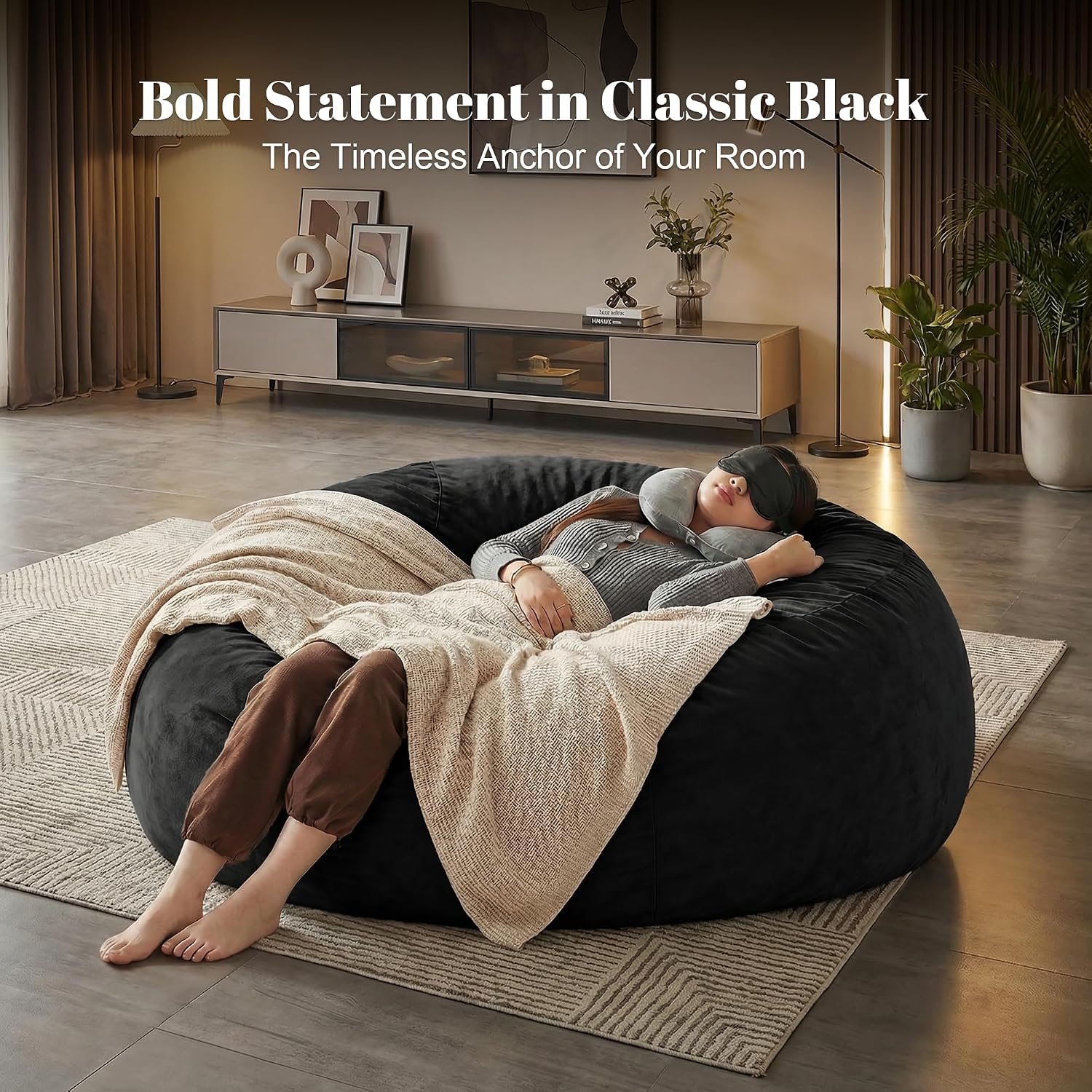 Codi Oversized Bean Bag Chair with Filler Included, 5 FT - Comfy Huge Beanbag Chairs for Adults, Memory Foam Added - Machine Washable and Soft Mink Bonded Cover - Black, 5ft