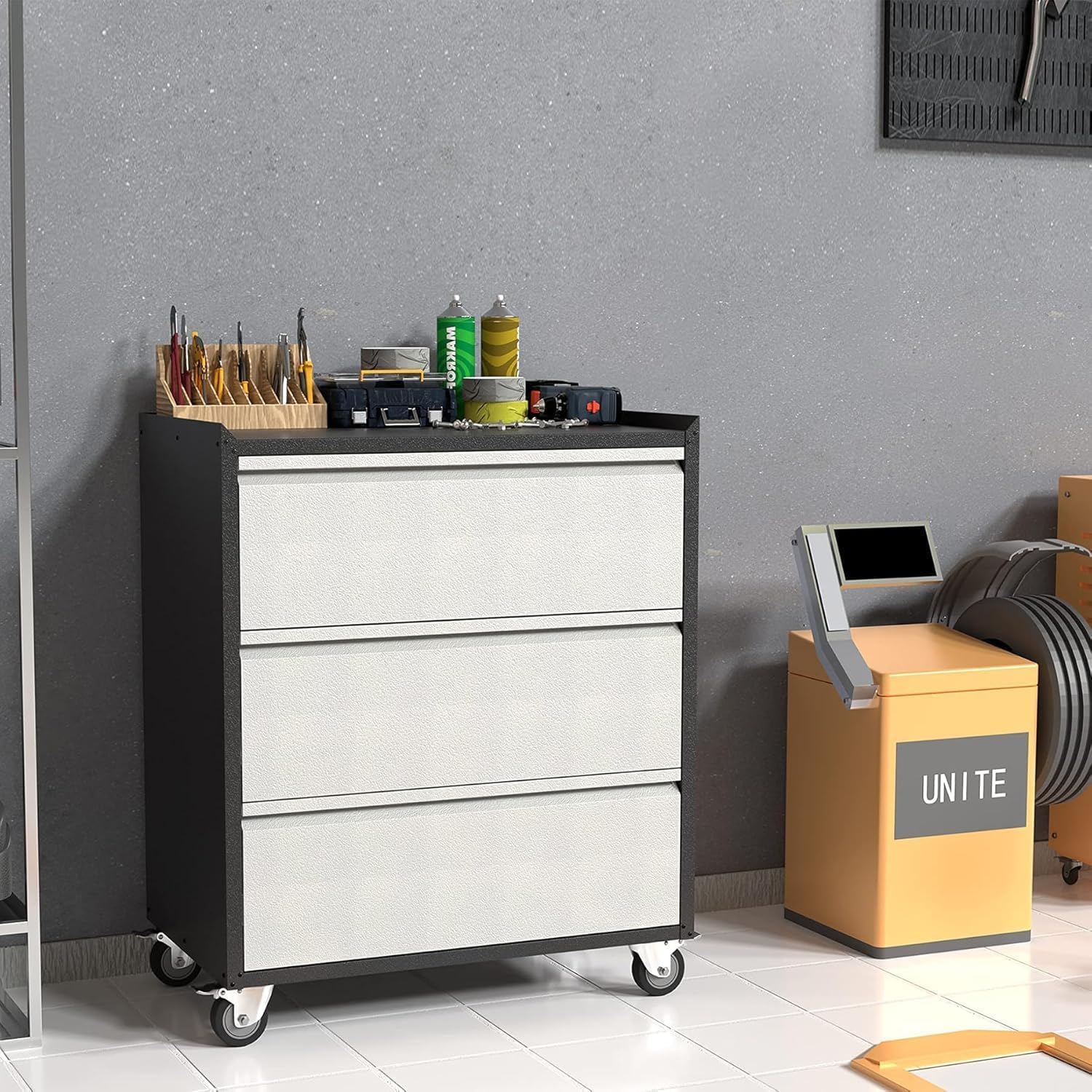 Heavy Duty Metal Tool Cart with 3 Drawers on Wheels, Rolling Tool Box and Storage Cabinet, Durable Gray Finish, Ideal for Garage, Workshop, Warehouse, and Repair Shop