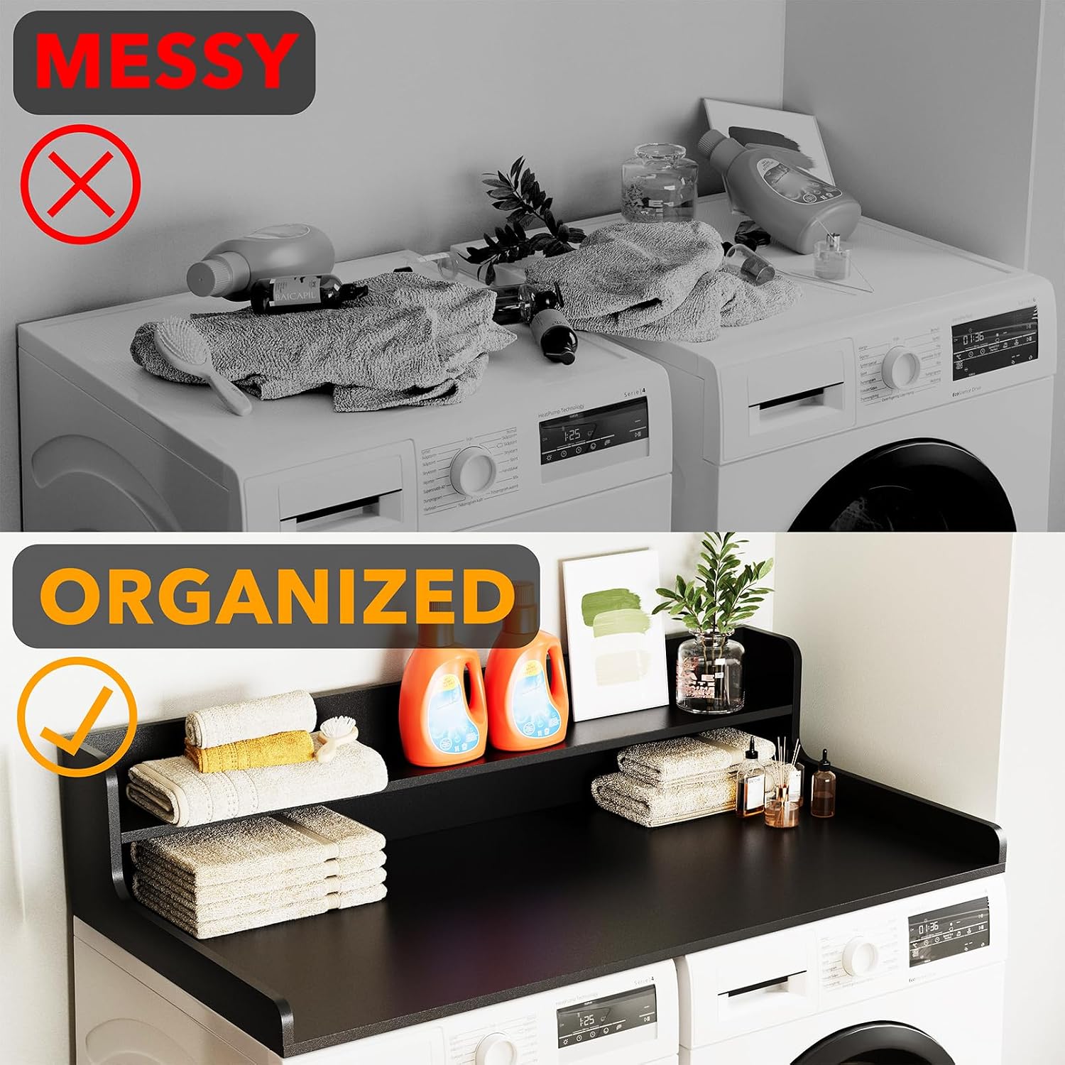SpaceAid Washer Dryer Countertop with 2-Tier Shelf, Wood Topper with Edge, 54' Width x 27.5' Depth Cover Organizer Guard for Washer and Dryer Counter Laundry Hamper Storage (Black)