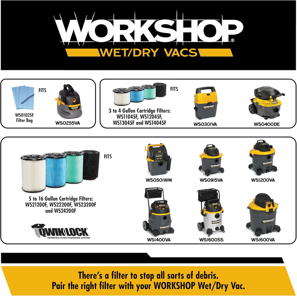 WORKSHOP Wet/Dry Vacs Shop Vacuum WS1600SS 16-Gallon 6.5 Peak HP Stainless Steel Wet Dry Vacuum Cleaner with Filter, Dust Bag, Hose, Attachments and Cart for Heavy Duty Professional Cleaning