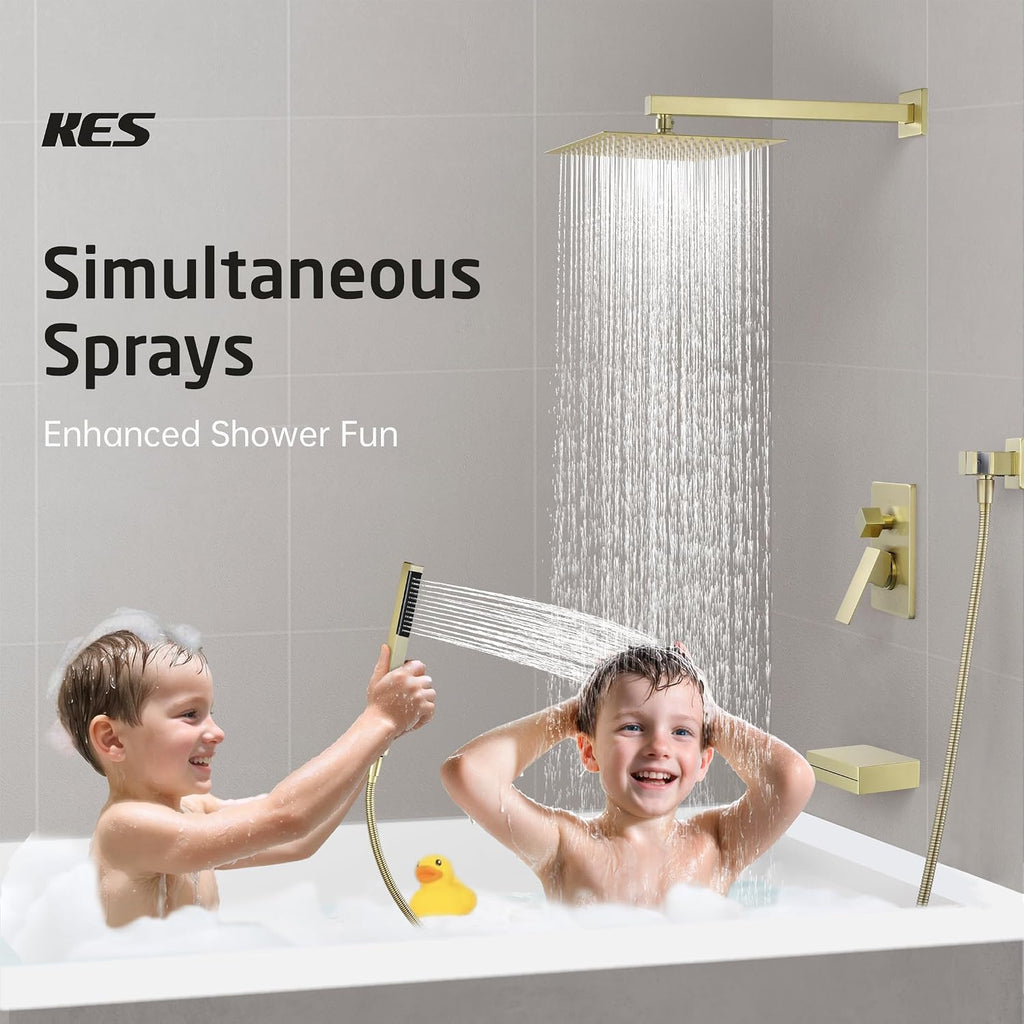 KES Brushed Gold Shower System with Tub Spout, Pressure Balanced Bath Tub Shower Faucet Set Complete with Valve, Shower System with Rain Shower Head with Handheld, XB6305F18-BZ