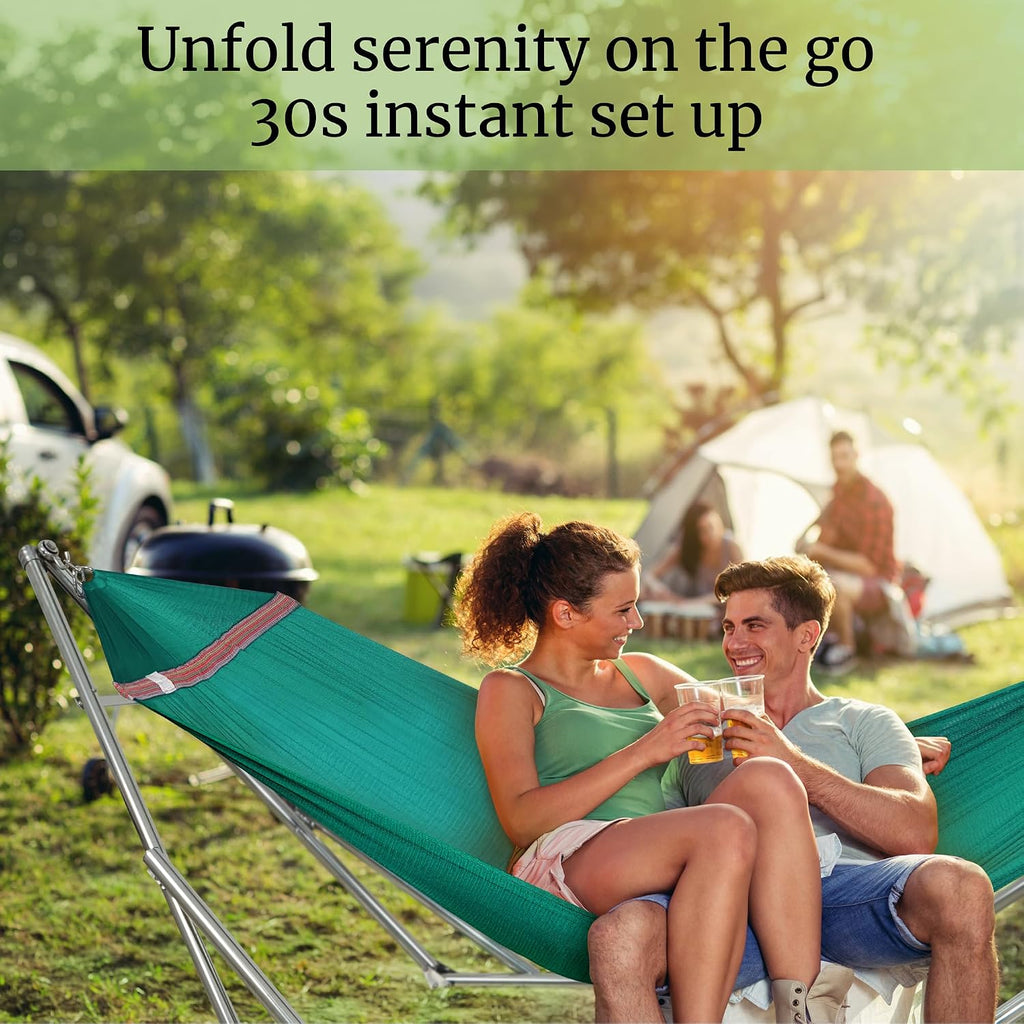 Tranquillo Double Hammock with Stand 650lb Capacity Double Hammock with Spreader Bar, Solid Grade 201 Stainless Steel 30s Set Up, Sturdy Flexible Hammock Stand Portable, Outdoor Indoor, Peacock