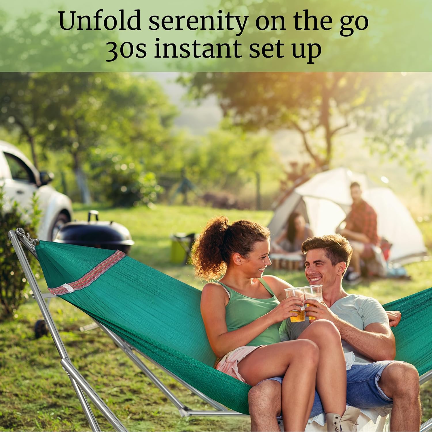 Tranquillo Double Hammock with Stand 650lb Capacity Double Hammock with Spreader Bar, Solid Grade 201 Stainless Steel 30s Set Up, Sturdy Flexible Hammock Stand Portable, Outdoor Indoor, Peacock