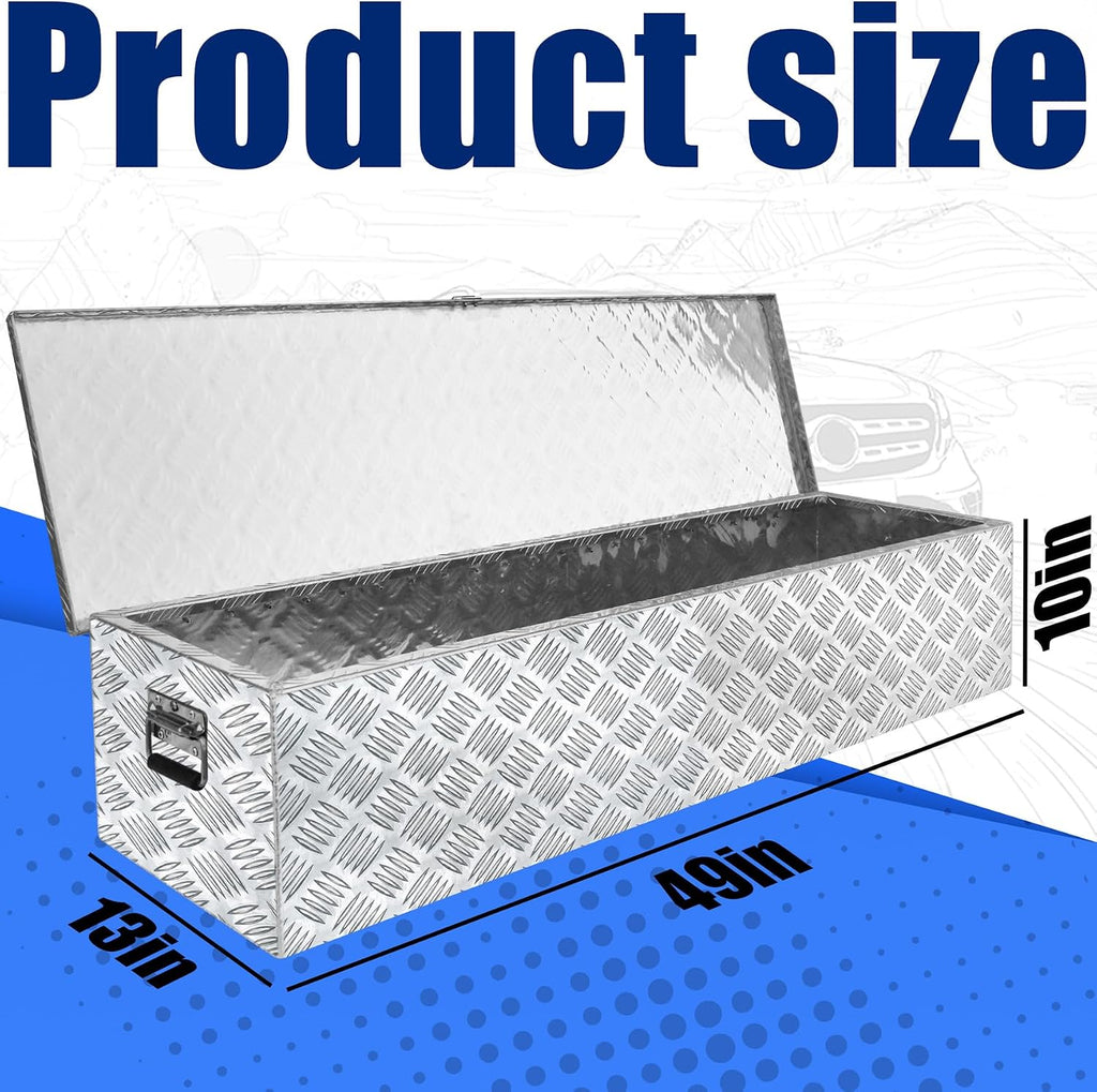 Aluminum Underbody Truck Box 49'×13'×10' Pick up Square Storage Toolbox Heavy Duty Diamond Plate Tool Boxes with Side Handle Buckle Lock and Keys for Storage and Organization