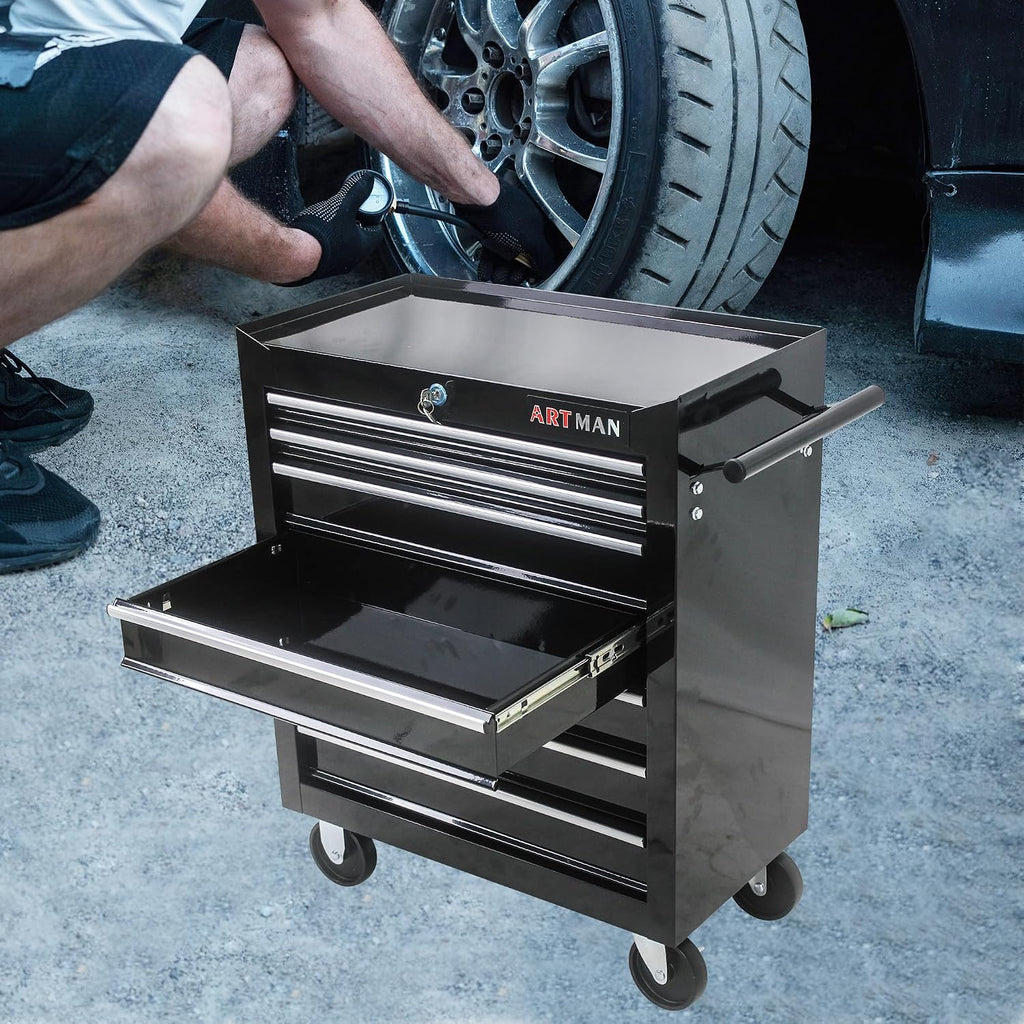 7 Drawer Tool Cart: Multifunctional US General Tool Box on Wheels and Rolling Toolbox (Black)