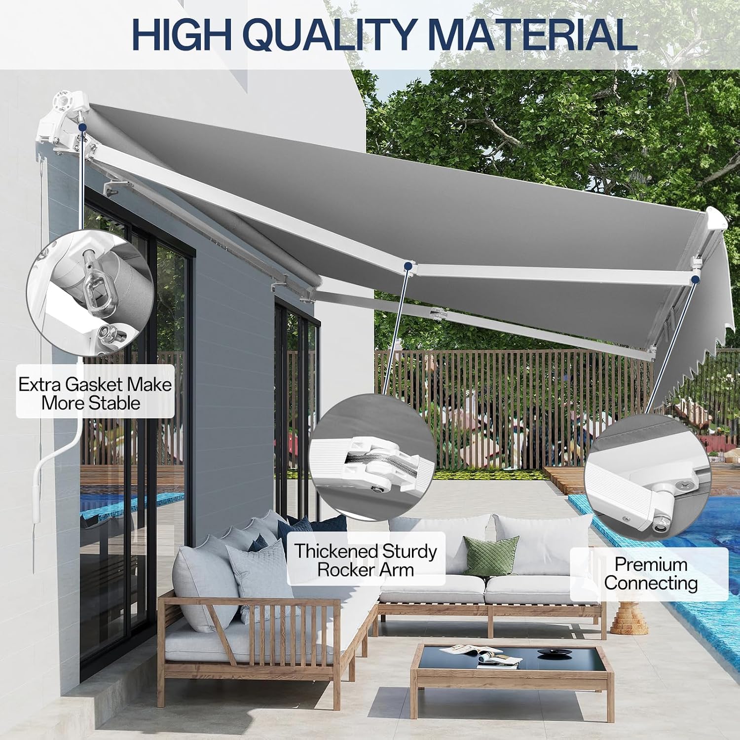 VINGLI 8' x 7' Retractable Awning for Patio Awning Door Awning with Manual Crank Handle, Aluminum Frame Door Canopy UV Resistant (Gray)