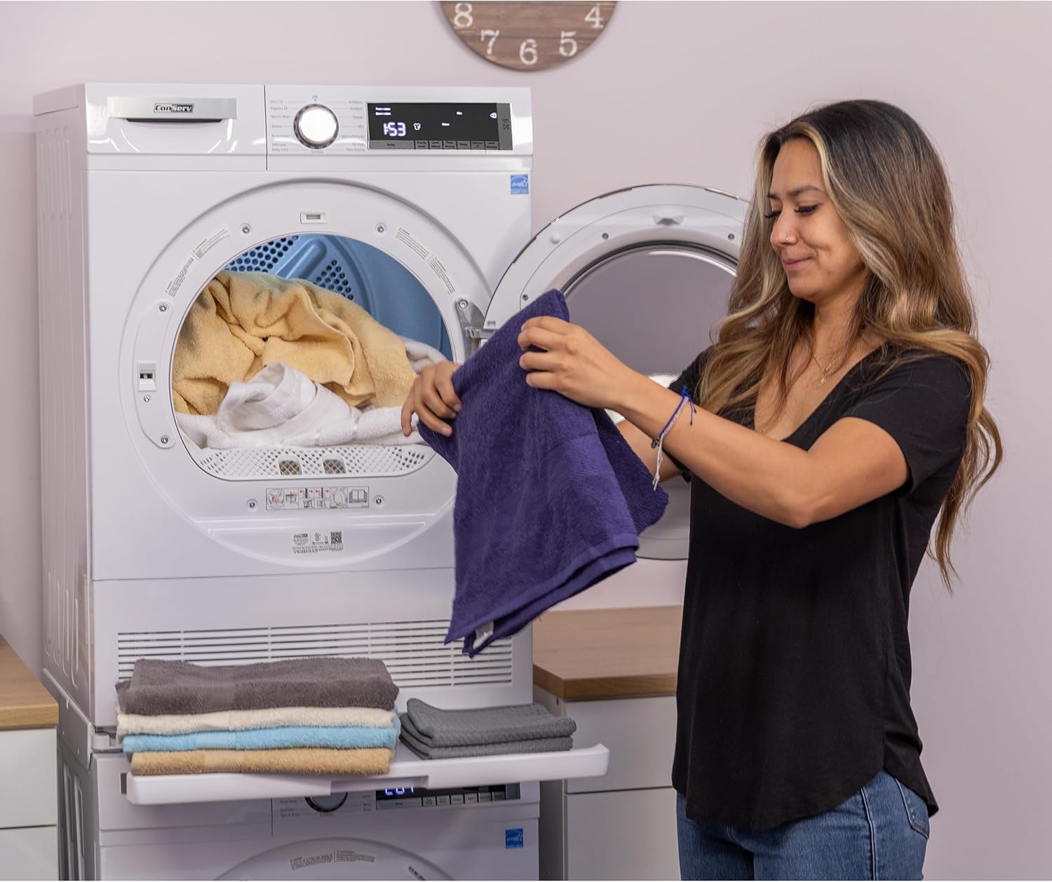 Conserv Front Load Washer & Condensing Dryer, 2.2 cu ft Washer (110V) + 4 cu ft Dryer (220/240V), ENERGY STAR, 15 Cycles, Stainless Steel Drum, LED Display, Compact Laundry Pair (White +Stacking Kit)
