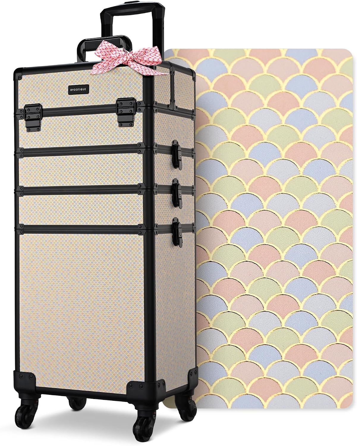 BYOOTIQUE 4in1 Rolling Makeup Train Case Cosmetology Case on Wheels,Large Capacity Easy Access Cosmetic Organizer for Makeup Artist Hairstylist,Art Deco Pastel