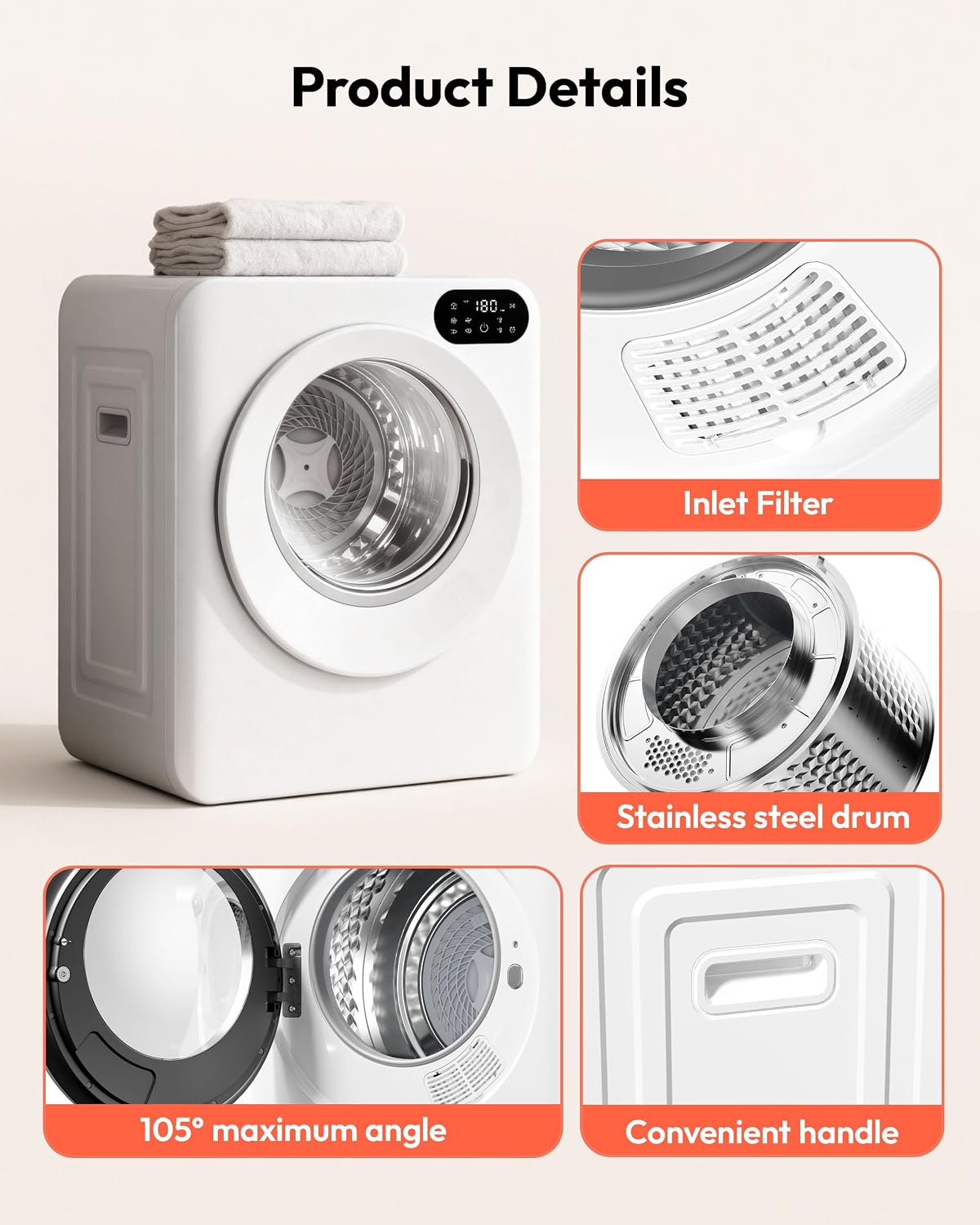 Euhomy 1.5 Cu.Ft Portable Dryer, 850W Clothes Dryer with Stainless Steel Drum, 4 Functions, LED Control Panel, 120V Portable Dryers for Laundry, Suitable for Apartments, Dorm, RVs, White