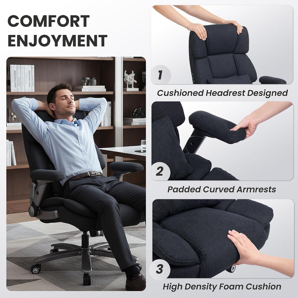 750lbs Heavy Duty Desk Chair with 3D Kneading Massage, Big and Tall Office Chairs with Ergonomic Support, 3D Armrests, 5 Quiet Dual Rubber Wheel, Thick Spring Cushion(Black-Fabric)
