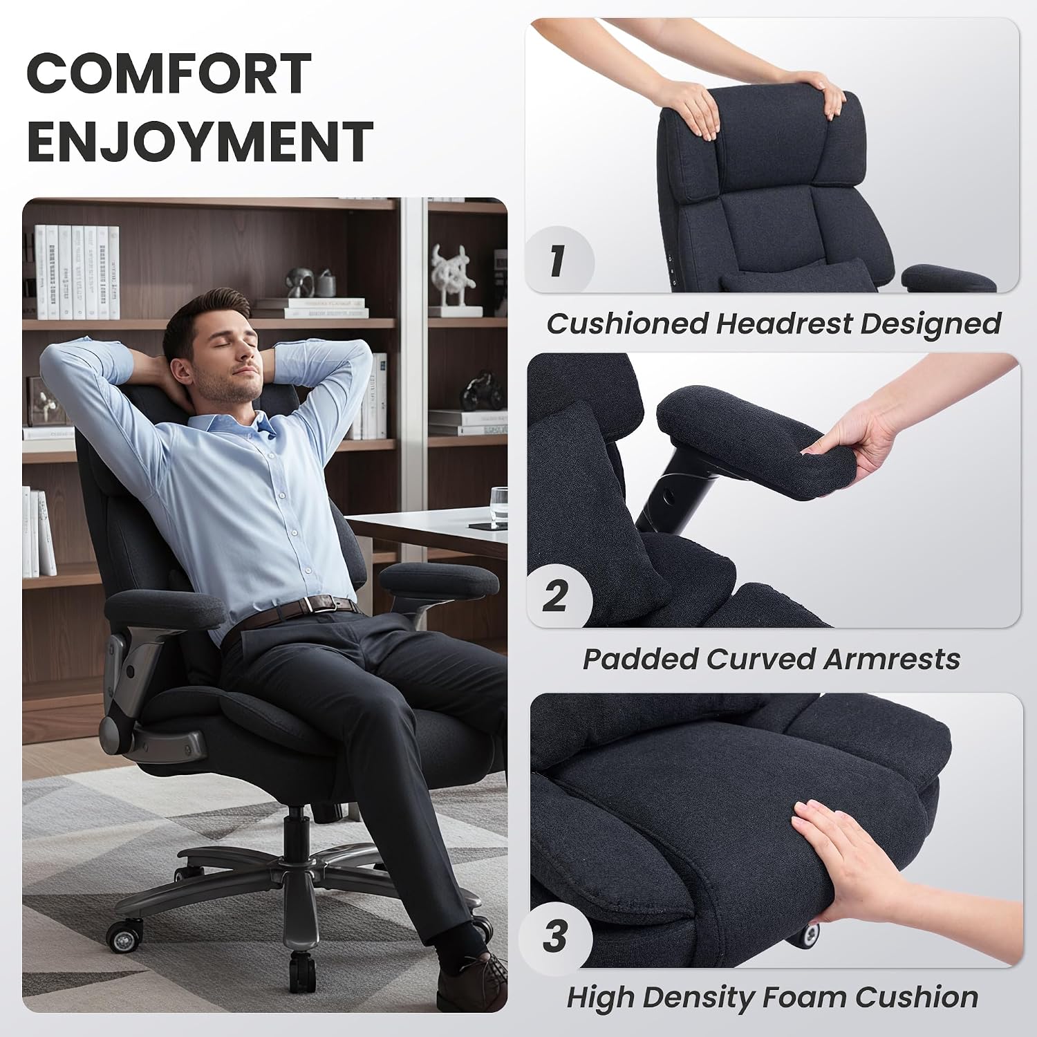 750lbs Heavy Duty Desk Chair with 3D Kneading Massage, Big and Tall Office Chairs with Ergonomic Support, 3D Armrests, 5 Quiet Dual Rubber Wheel, Thick Spring Cushion(Black-Fabric)