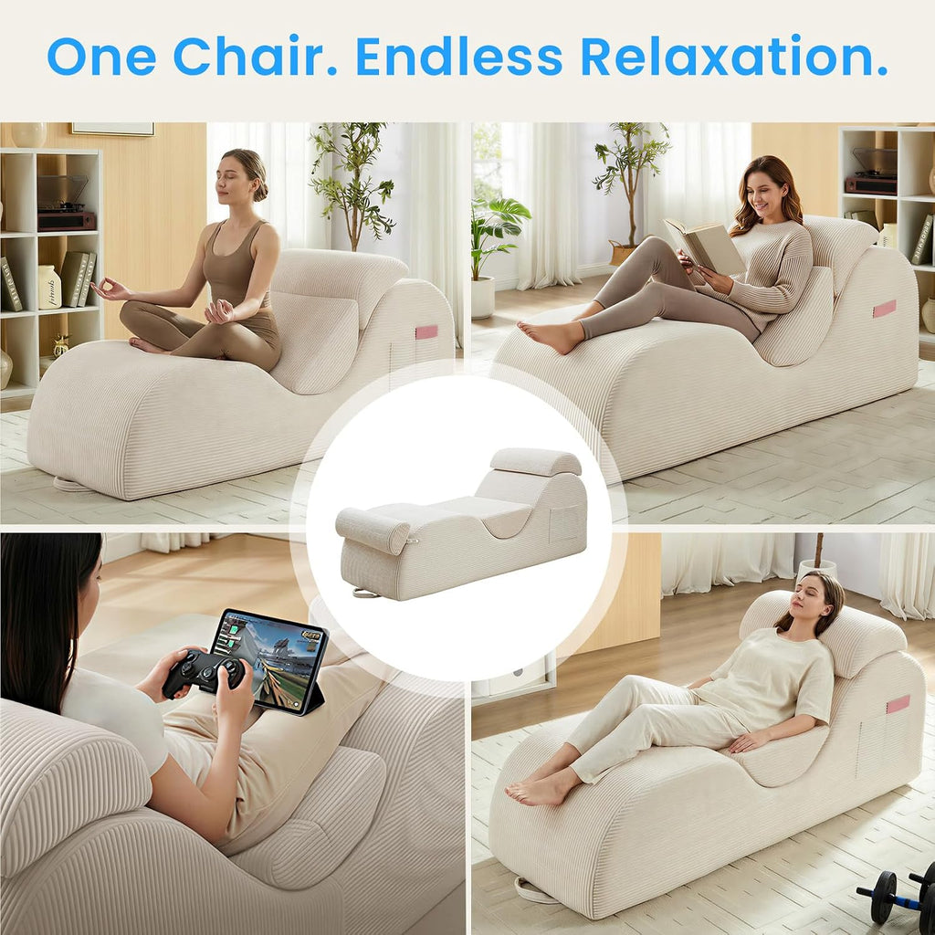 ijuicy 25' Wide Corduroy Yoga Chair, Ergonomic Stretch Chaise Lounge Chair Indoor, Reading Chair with Headrest, Waist Cushion, Movable Footrest, Side Pockets, High Density Sponge-Beige