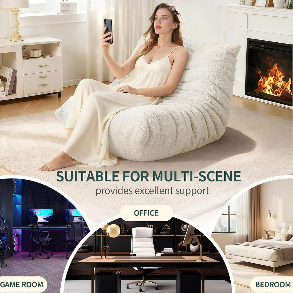 Bean Bag Chairs for Adults, Lazy Sofa Chair with Memory Foam Teddy Velvet Fabric, Large Beanbag Sofa Chair for Bedroom Living Room Dorm Office (White)
