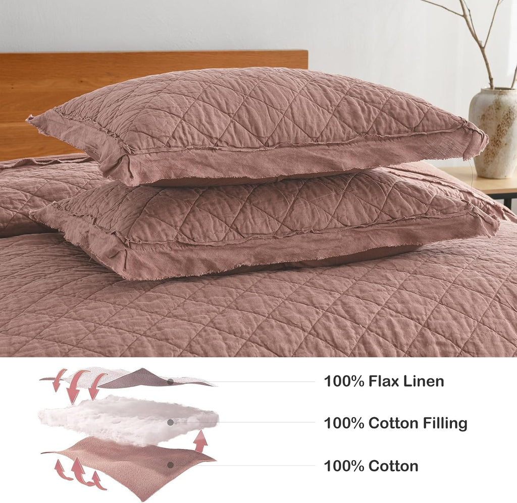 HORIMOTE HOME 100% Linen Front/100% Cotton Back Quilt Set King Size, Cameo Rose Pre-Washed European Flax Linen Quilt, Diamond Stitch Bedspread Coverlet Bedding Set 3-Piece for All Seasons