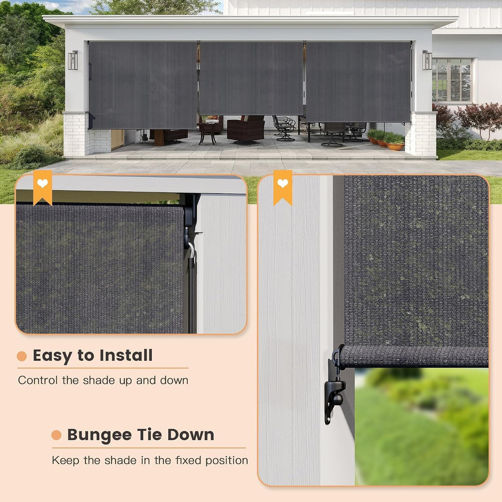 VICLLAX Outdoor Roller Shade (10' W×8' L), Patio Cordless Roller Blinds, Exterior Roll Up Shade with Spliced Design for Patio Porch Gazebo, Grey