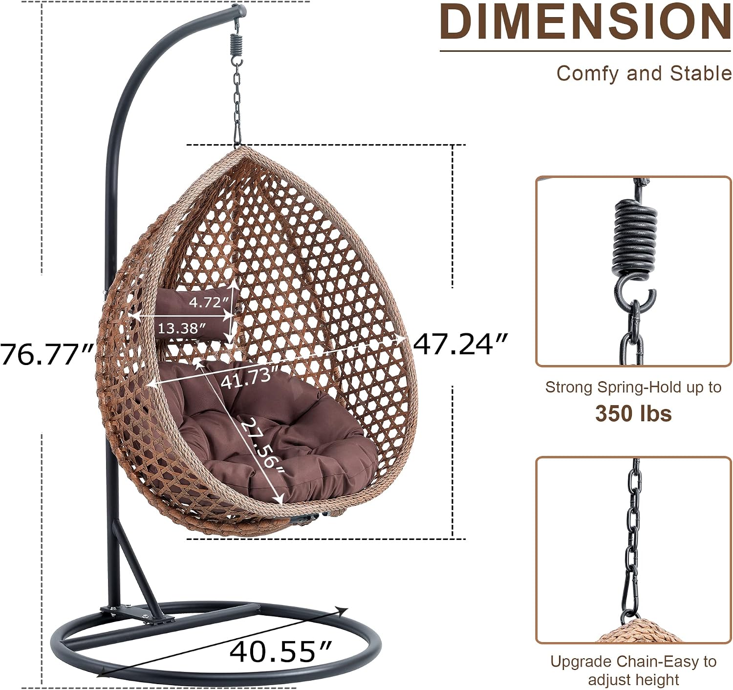 Egg Swing Chair with Stand,Brown Swing Egg Chair with Stand, Rattan Hanging Egg Chairs with Soft Cushion, Outdoor Hanging Chair with Foldable Basket & Metal Stand for Bedroom Patio (Brown)