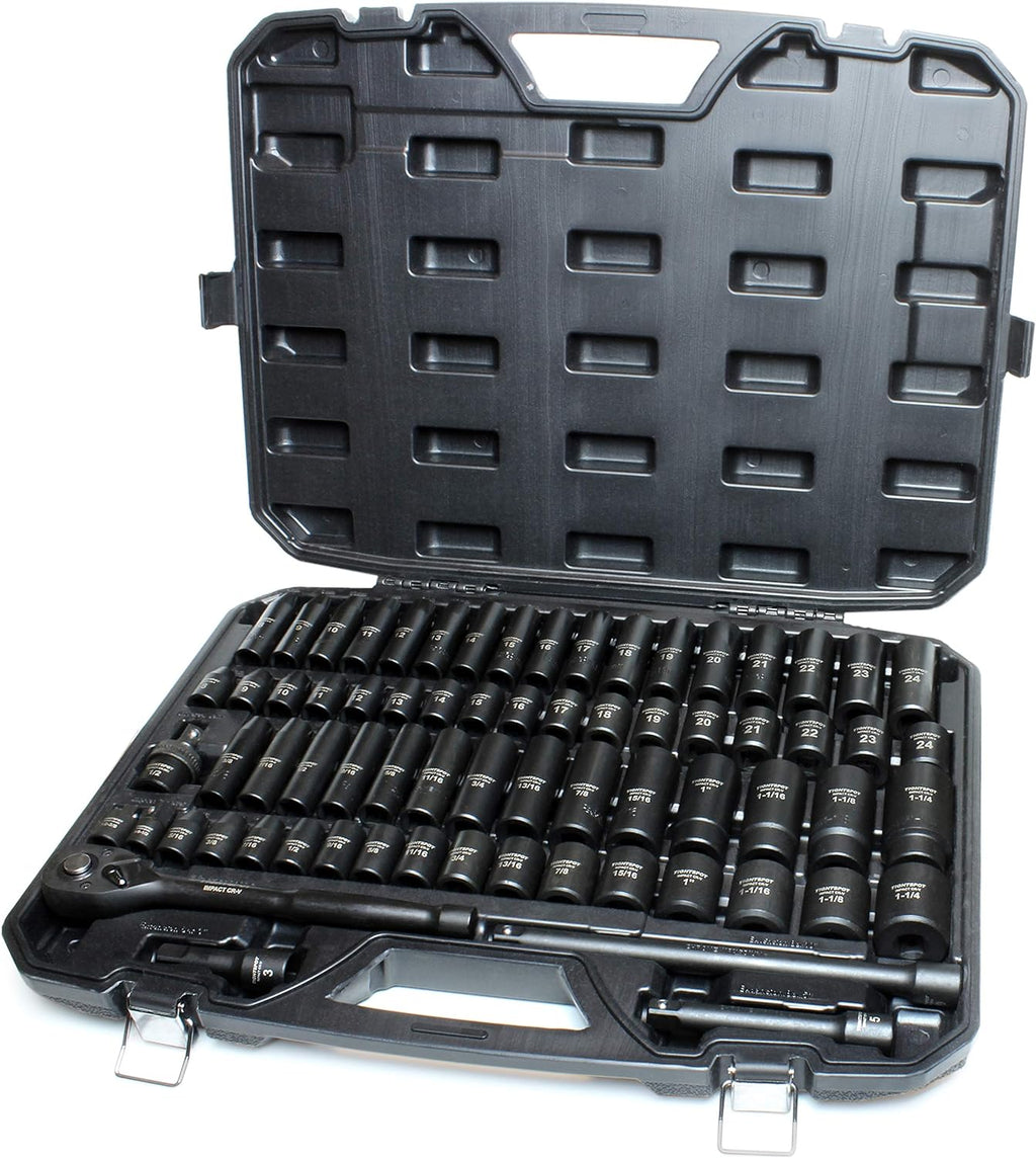 TIGHTSPOT 1/2' Drive 70pc Impact Socket MASTER SET with SAE & Metric from 5/16 Inch - 1-1/4 Inch, 8mm - 24mm, Standard/Deep Sockets with Extension Bars & Adapters & More