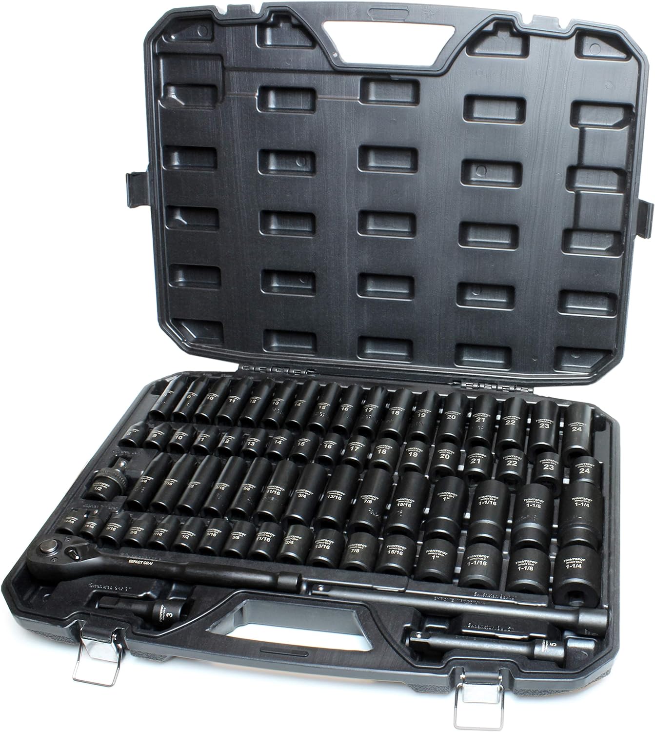 TIGHTSPOT 1/2' Drive 70pc Impact Socket MASTER SET with SAE & Metric from 5/16 Inch - 1-1/4 Inch, 8mm - 24mm, Standard/Deep Sockets with Extension Bars & Adapters & More