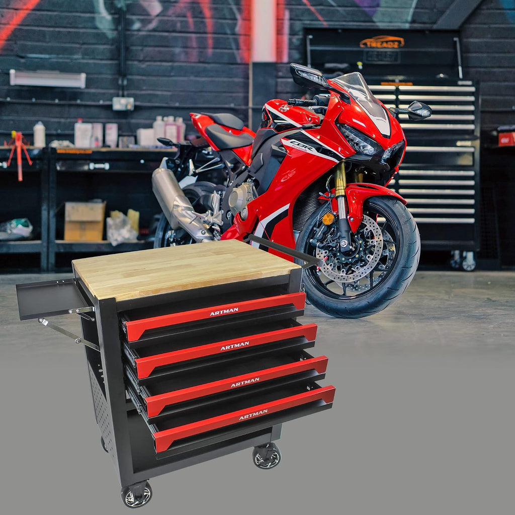 Rolling Tool Cart with 4-Drawer Wood Top Utility Tool Chest on Wheels Mechanic Tool Storage Organizer Cabinet for Garage, Warehouse, Workshop, Repair Shop (Red)