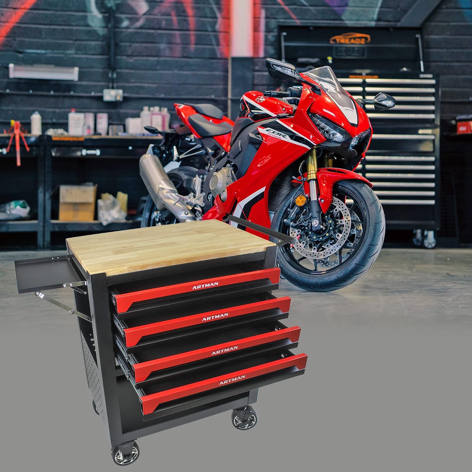 Rolling Tool Cart with 4-Drawer Wood Top Utility Tool Chest on Wheels Mechanic Tool Storage Organizer Cabinet for Garage, Warehouse, Workshop, Repair Shop (Red)