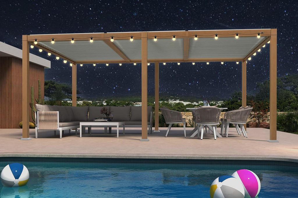 PURPLE LEAF Louvered Pergola 11' x 18' Outdoor Wood Grain Aluminum Pergolas with 36 Clear LED Lights Adjustable Roof Retractable Patio Rainproof Hardtop Gazebo for Deck Backyard Garden
