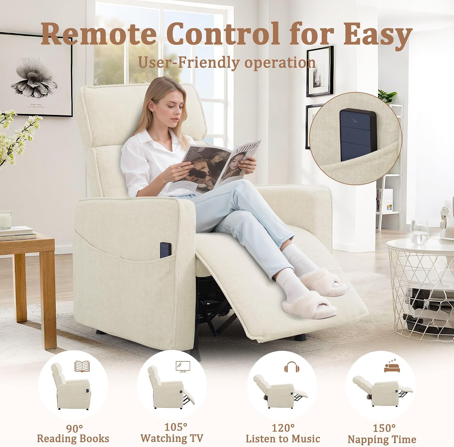 Korser Power Recliner Chair for Adults, Electric Recliner Chairs for Living Room, Comfy Recliners Cashmere Reclining Chair with One-Touch Adjustment & Side Pockets for Reading, Bedroom, Lounge, Beige