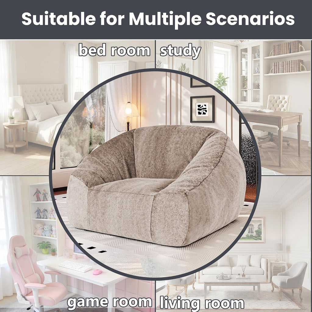Bean Bag Chairs for Adults, Giant Beanbag Sofa Comfy Reading Chair, Oversized Bean Bag Chairs for Living Room Bedroom, Soft Faux Fur Fabric, 3.2FT, Khaki, Plush