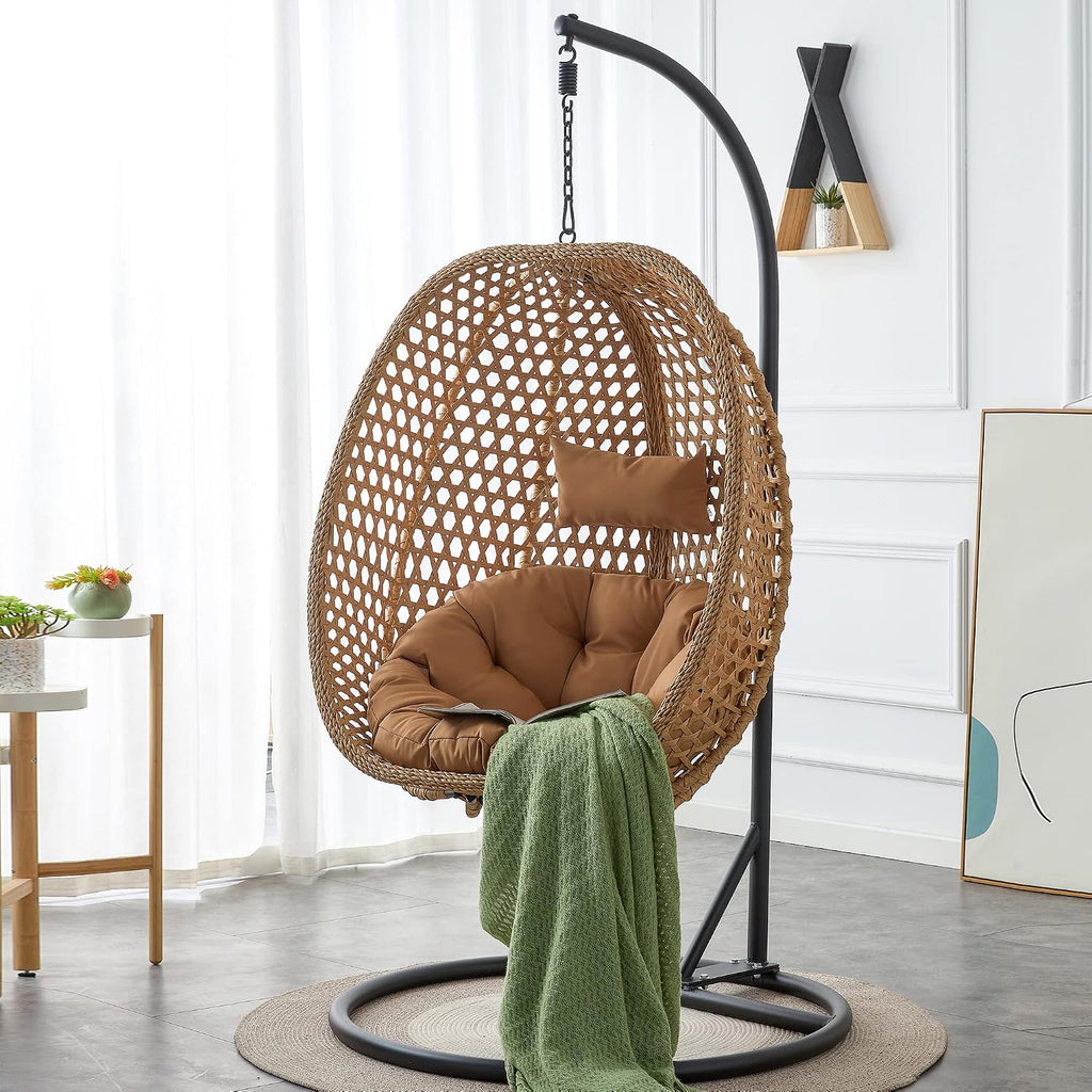 Swining Egg Chair with Stand,Wicker Rattan Hanging Egg Chairs, Patio Swing with UV Resistant Cushion, Outdoor Indoor Hanging with Foldable Basket & Metal Stand for Bedroom (Light Brown-S)