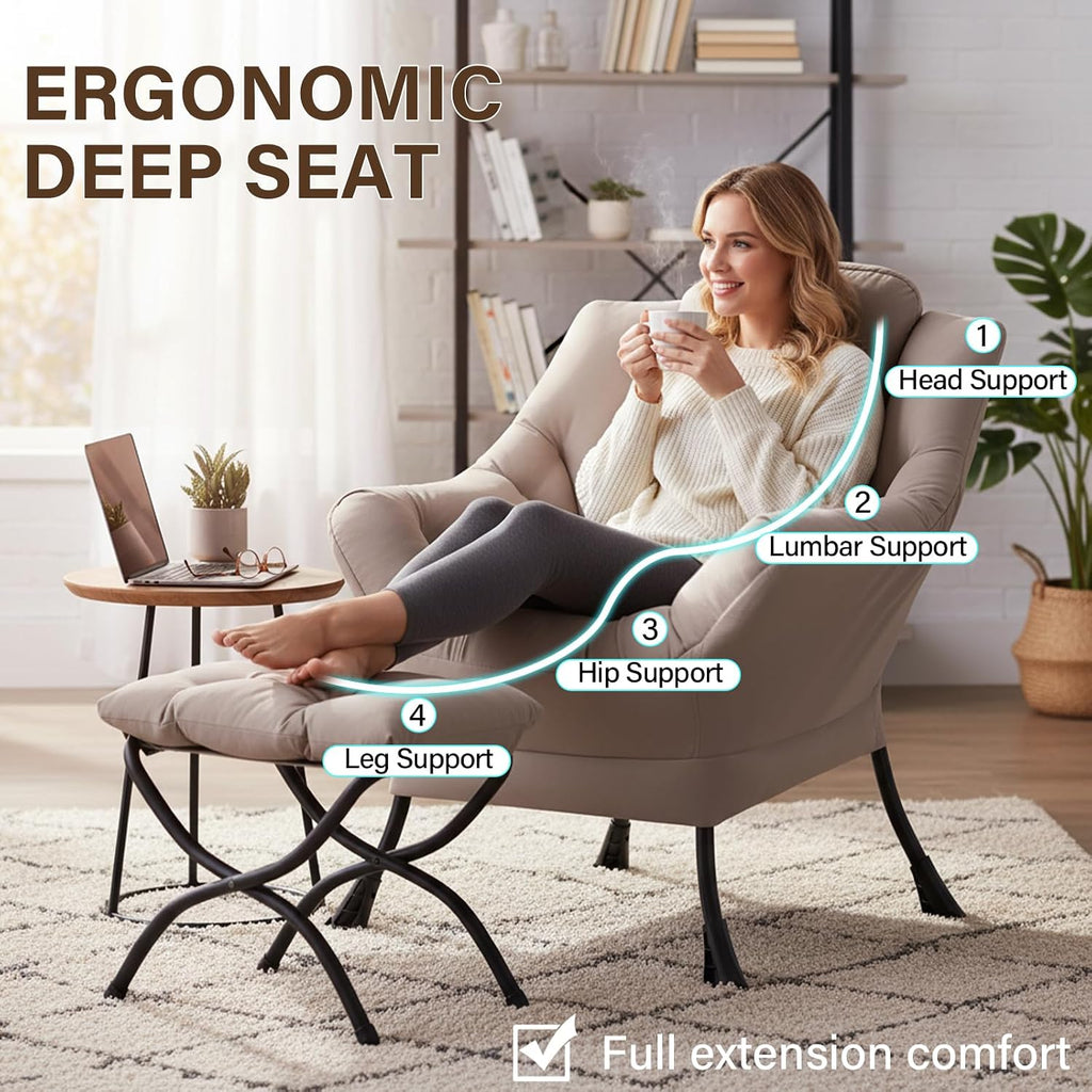 Welnow Lazy Chair with Ottoman, Modern Reading Accent Chair with Armrests and a Side Pocket, Leisure Upholstered Lazy Sofa Set with Footrest for Small Space, Khaki