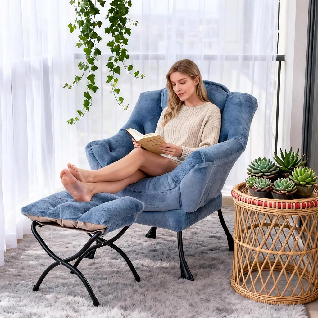 Welnow Lazy Chair with Ottoman, Modern Accent Chair with Armrests and a Side Pocket, Leisure Sofa Armchair Set, Reading Armchair with Footrest for Small Space, Plush Light Blue