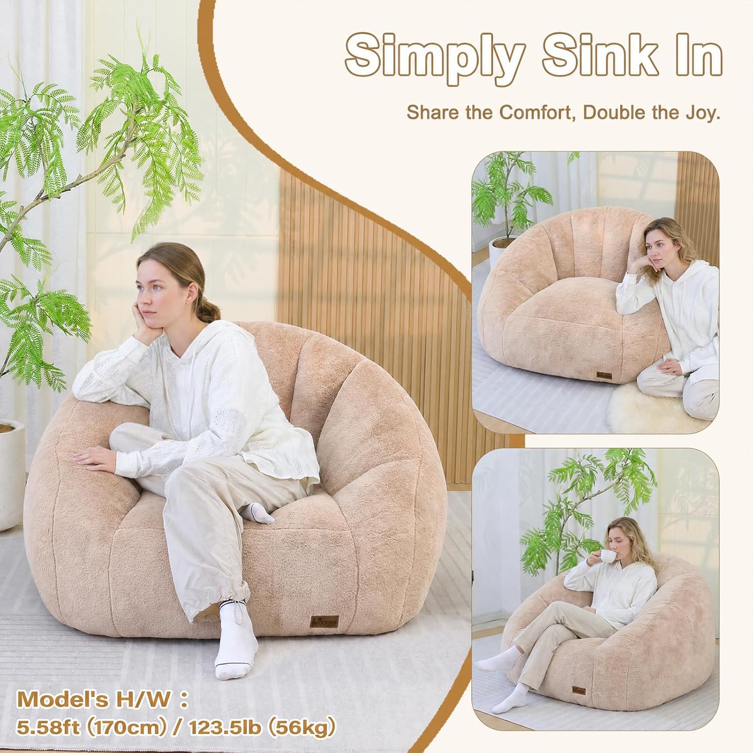 Giant Bean Bag Chair for Adults, Teens and Kids, Cozy Fluffy Corduroy Beanbag Chair with Filler, Large Floor Lounge Sofa for Living Room, Bedroom, Dorm, Gaming and Reading(Khaki)