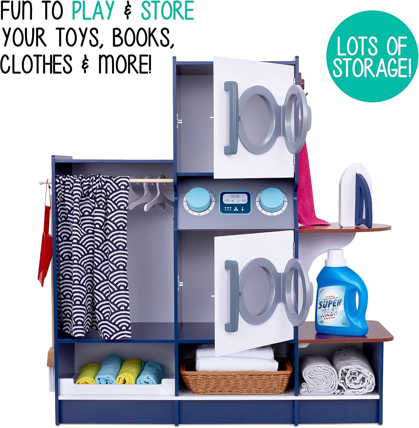 Lil' Jumbl Kids Washer and Dryer Playset, Wooden Children's Pretend Laundry Set, Includes Broom, Dustpan, Iron, Hangers & Basket, Realistic Laundry Room for Kids