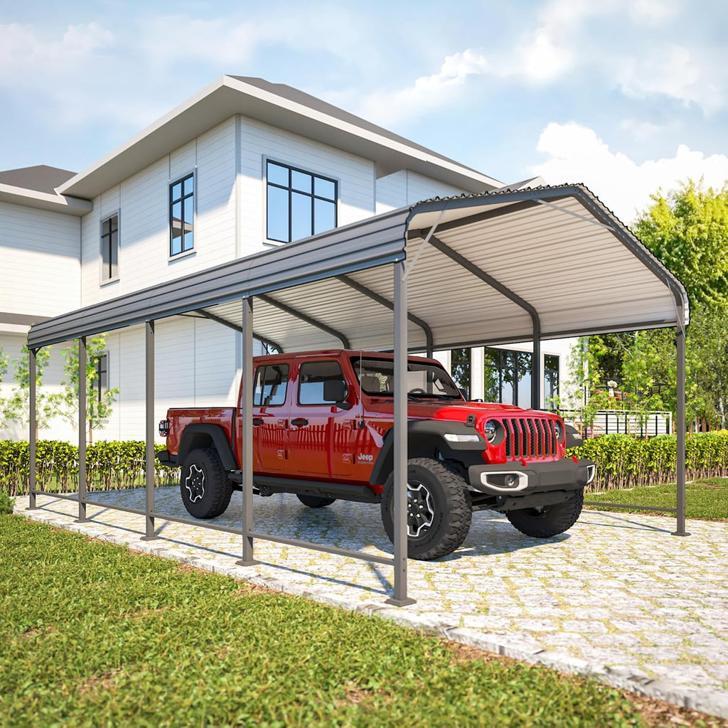 12x20 FT Metal Carport, Heavy Duty Carport Canopy with Galvanized Steel Roof and Frame, Outdoor Storage Car Port with Enhanced Base, Multi-Use Car Garage for Pickup, Car, Truck, Boat and Tractor, Grey