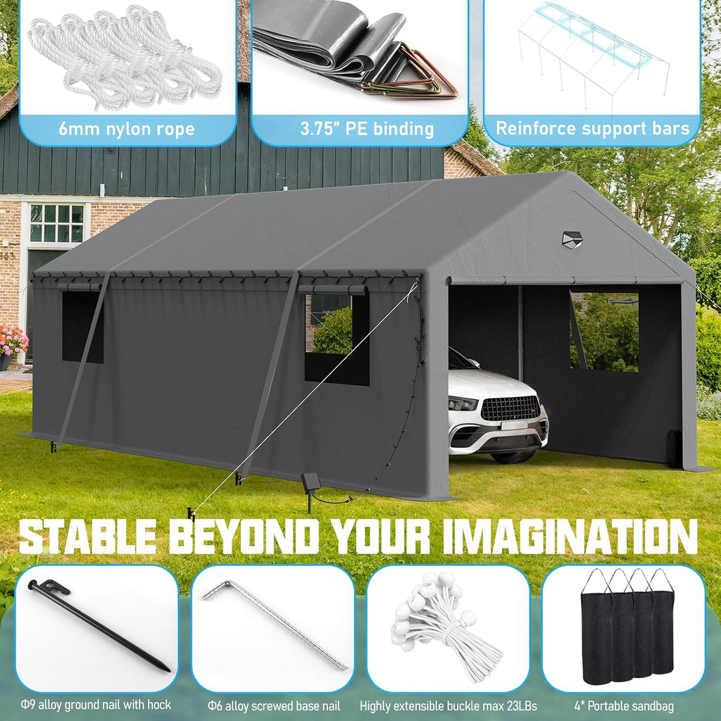 Carports Canopy Heavy Duty, Portable Garage with Sidewalls (13x25, Grey)